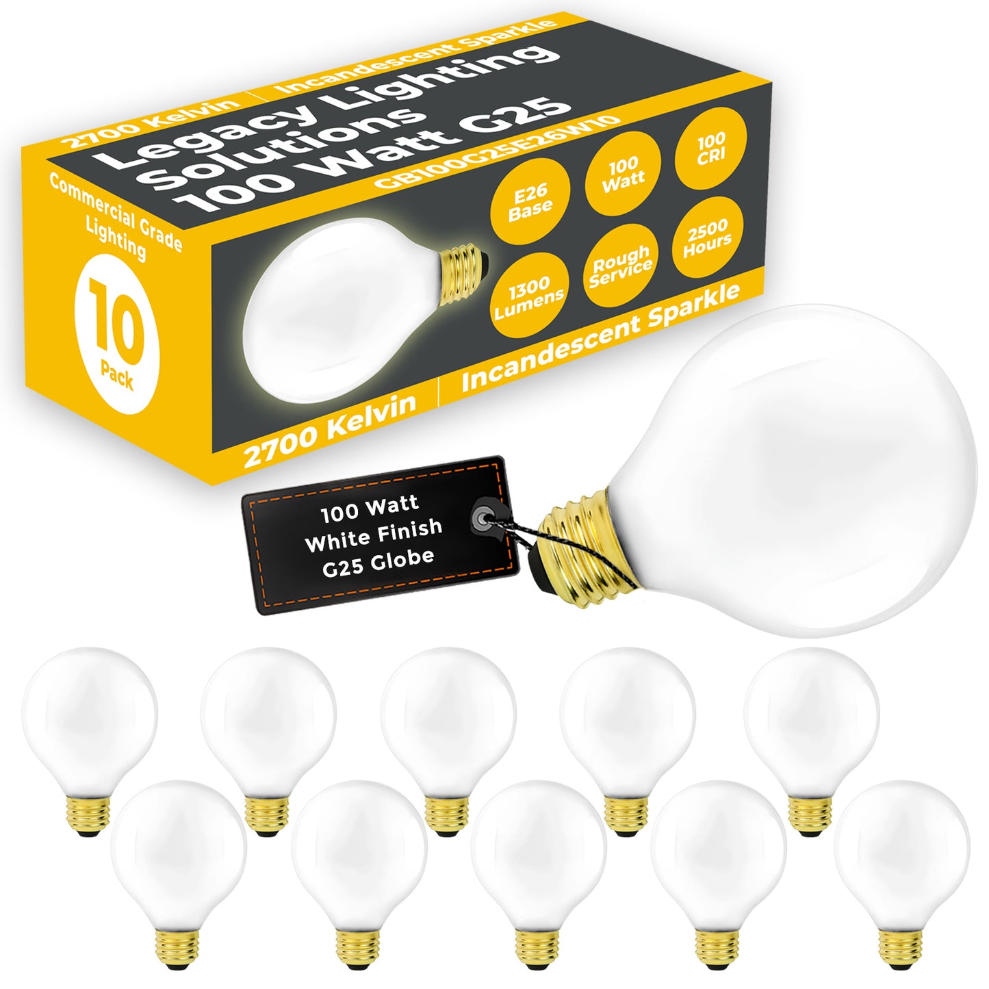 Side view of GB100G25E26W10 white G25 globe-shaped 100W incandescent light bulb with E26 screw base