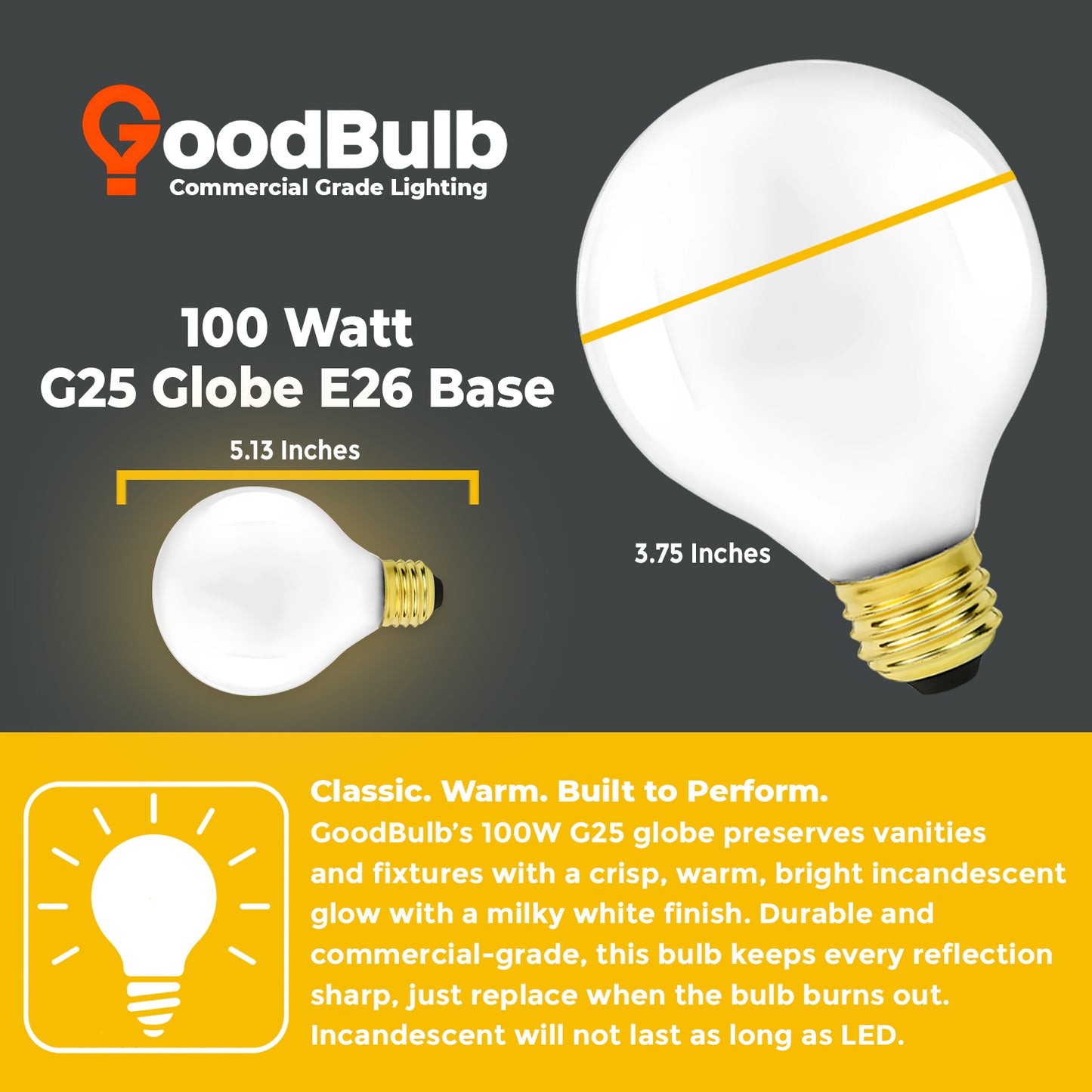 GB100G25E26W10 G25 Globe Bulb Dimensions – 3.15 inch diameter, medium E26 base