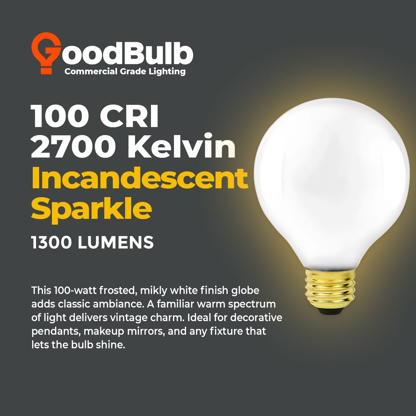 G25 (G80) Inside White Globe Light Bulb – 100W Decorative Incandescent with Brass E26 Medium Base, Warm 2700K Glow, 1300 Lumens, 120V – Classic Vanity & Ambient Lighting Design