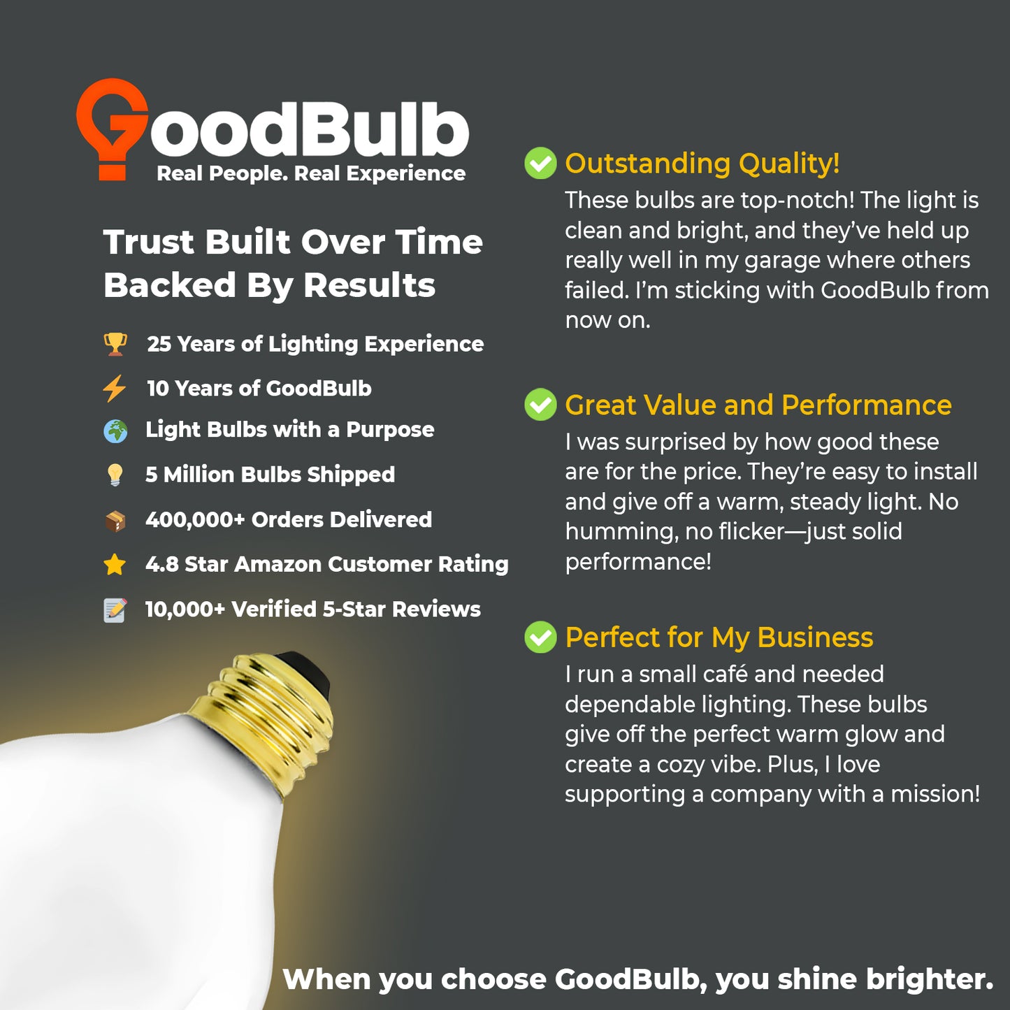 Customer review praising brightness and style of GB100G25E26W10 white G25 globe incandescent bulb