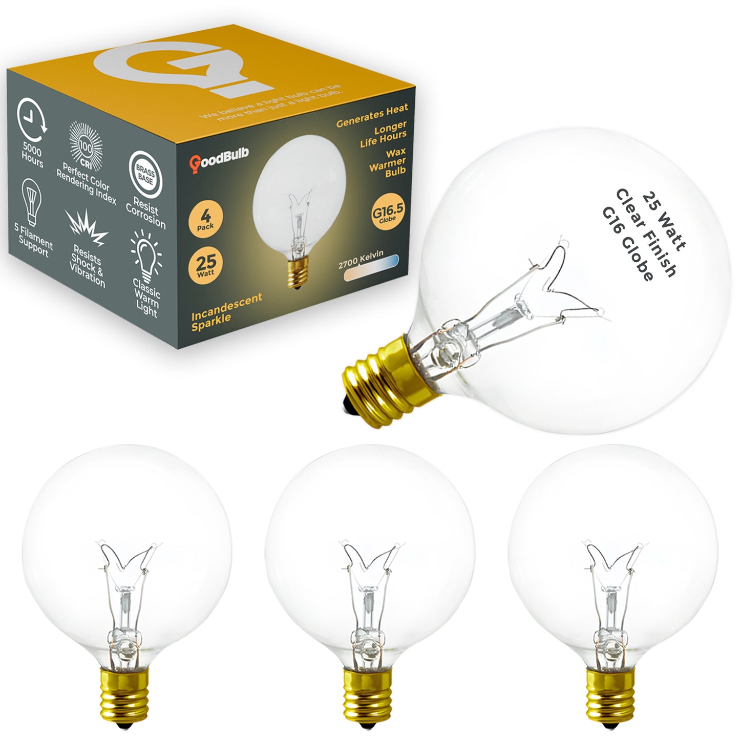 Side view of GB25WG16E124 G16.5 LED candelabra bulb with frosted finish and E12 screw base