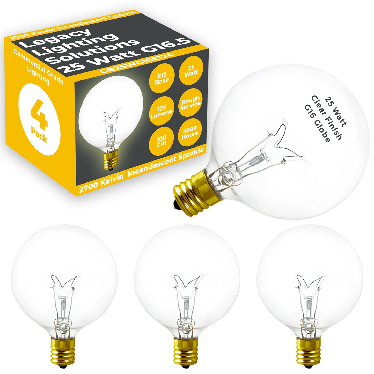 Side view of GB25WG16E124 G16.5 LED candelabra bulb with frosted finish and E12 screw base