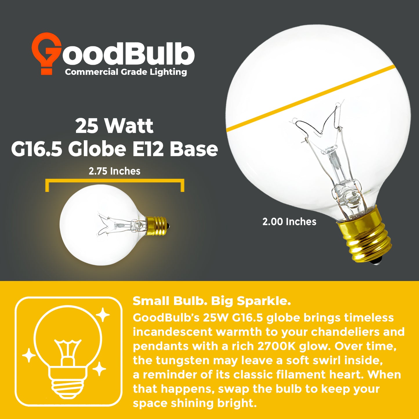 GB25WG16E124 G16.5 LED Candelabra Bulb Dimensions – Compact globe shape with E12 base