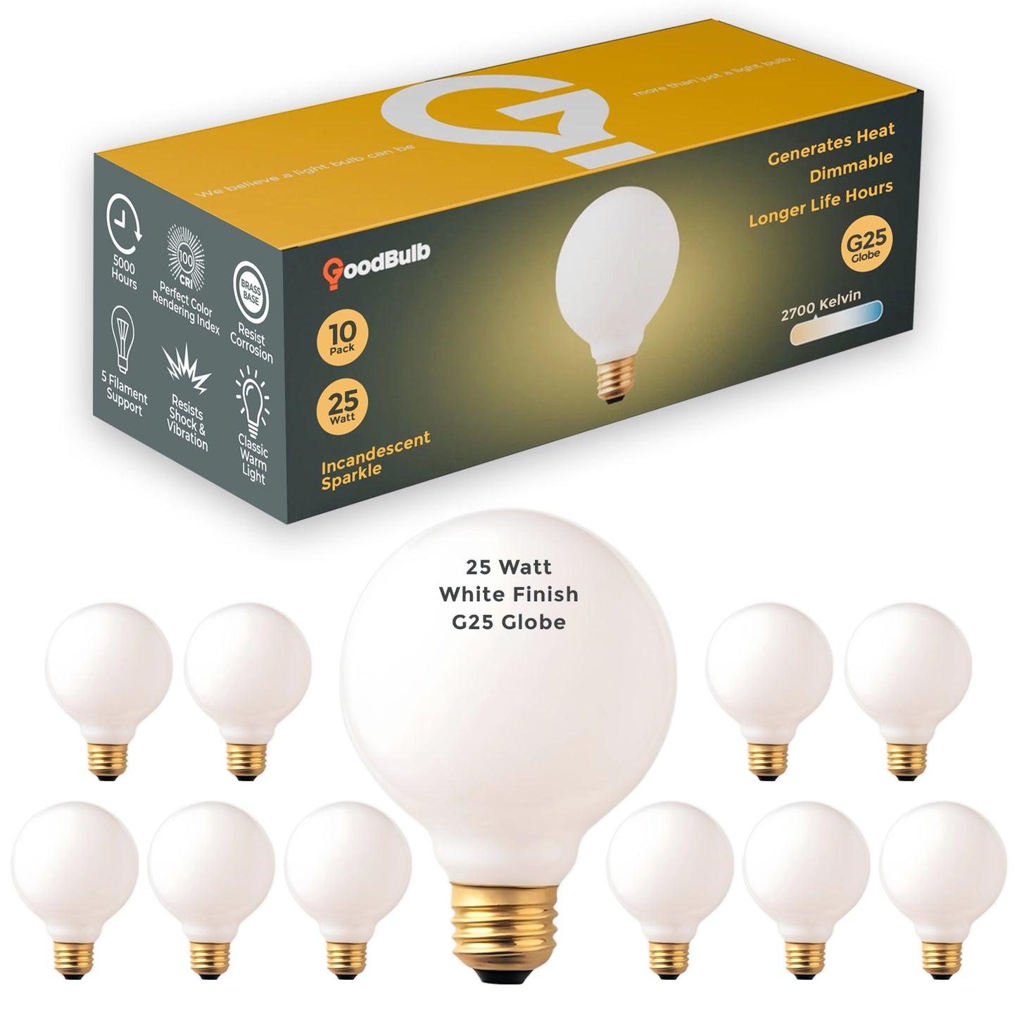 Incandescent Vanity Light Bulb - 25 Watts - G25 Globe - 150 Lumens - 5000 Life Hours - 120 Volts - E26 Brass Base - White Finish