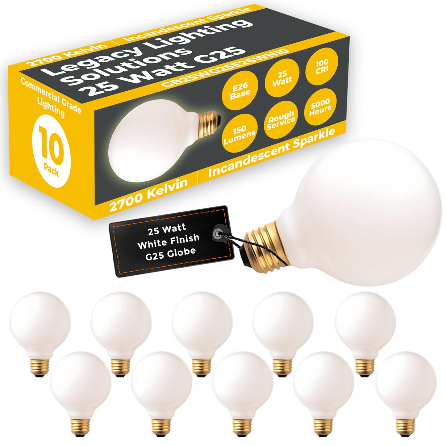 Side view of GB25WG25E26WH10 25W white globe G25 incandescent vanity bulb with medium E26 screw base