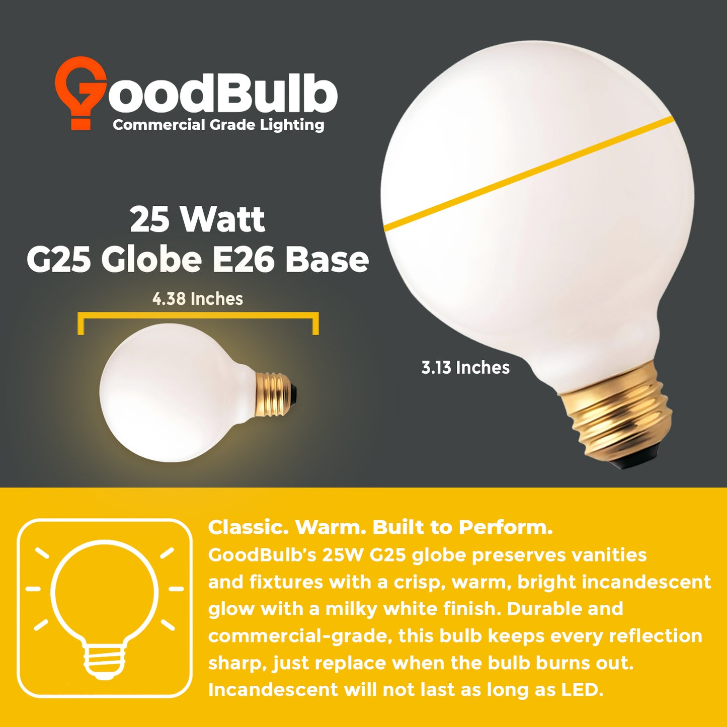 Dimensions of GB25WG25E26WH10 G25 Vanity Bulb – 3.15 inch diameter, medium E26 base