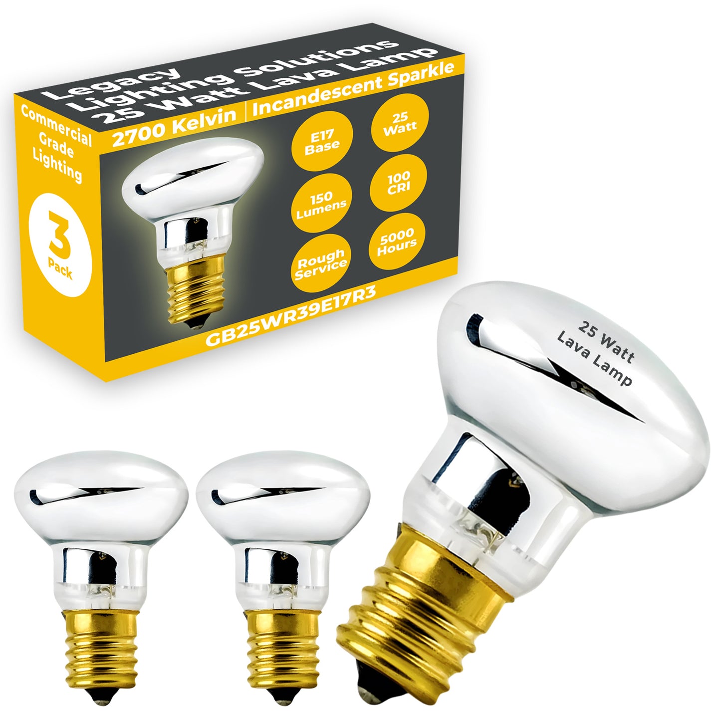 Side view of GB25WR39E17R3 R39 reflector incandescent bulb showing compact design and reflective coating