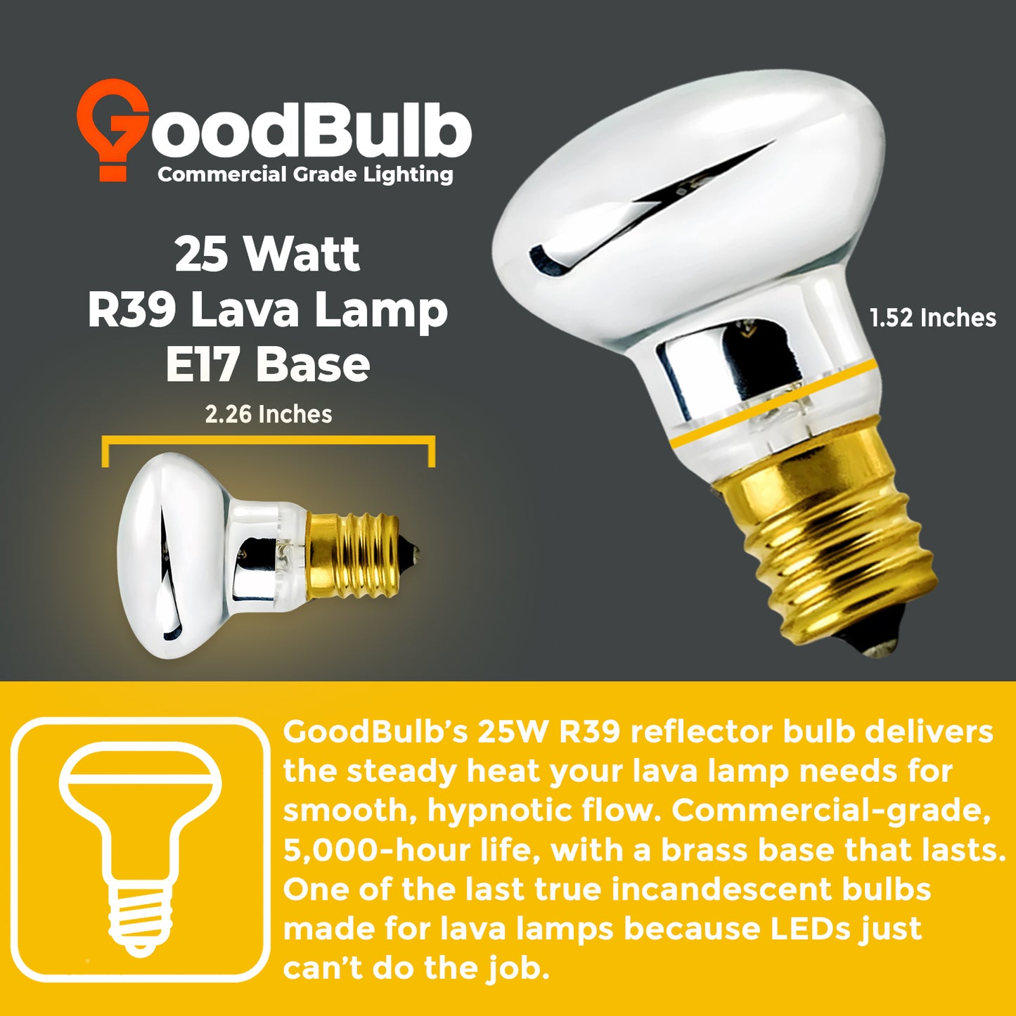 GB25WR39E17R3 R39 reflector incandescent bulb dimensions chart with height and diameter measurements