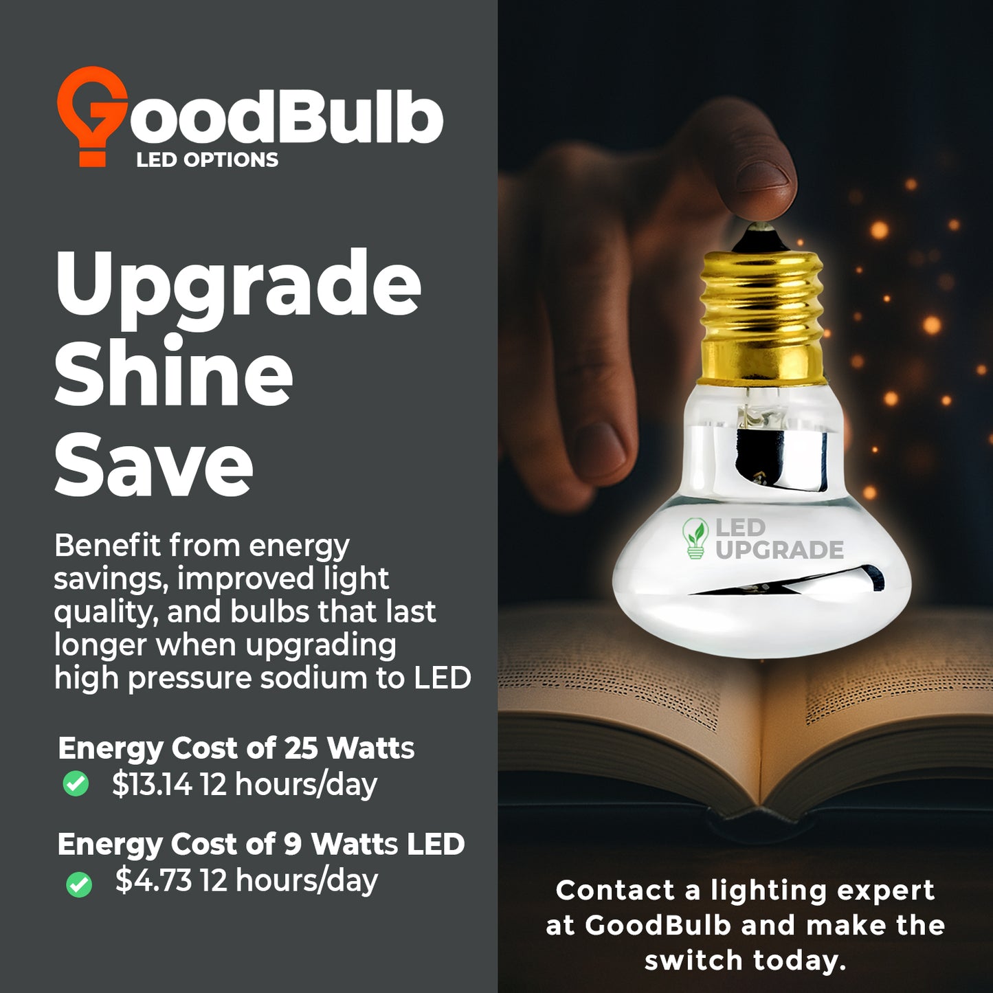 Energy usage and maintenance savings chart for GB25WR39E17R3 R39 reflector incandescent light bulb