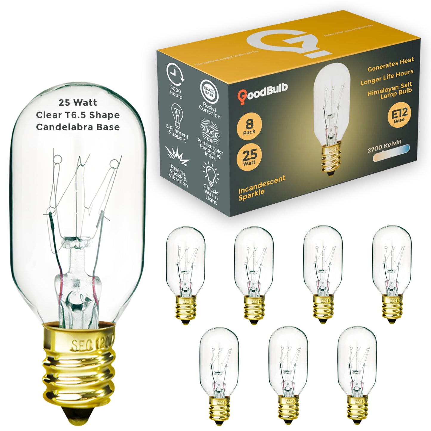 Himalayan Salt Lamp Light Bulb - 25 Watts - T20 Short - 150 Lumens - 5000 Life Hours - 120 Volts - E12 Brass Candelabra Base - Clear Finish