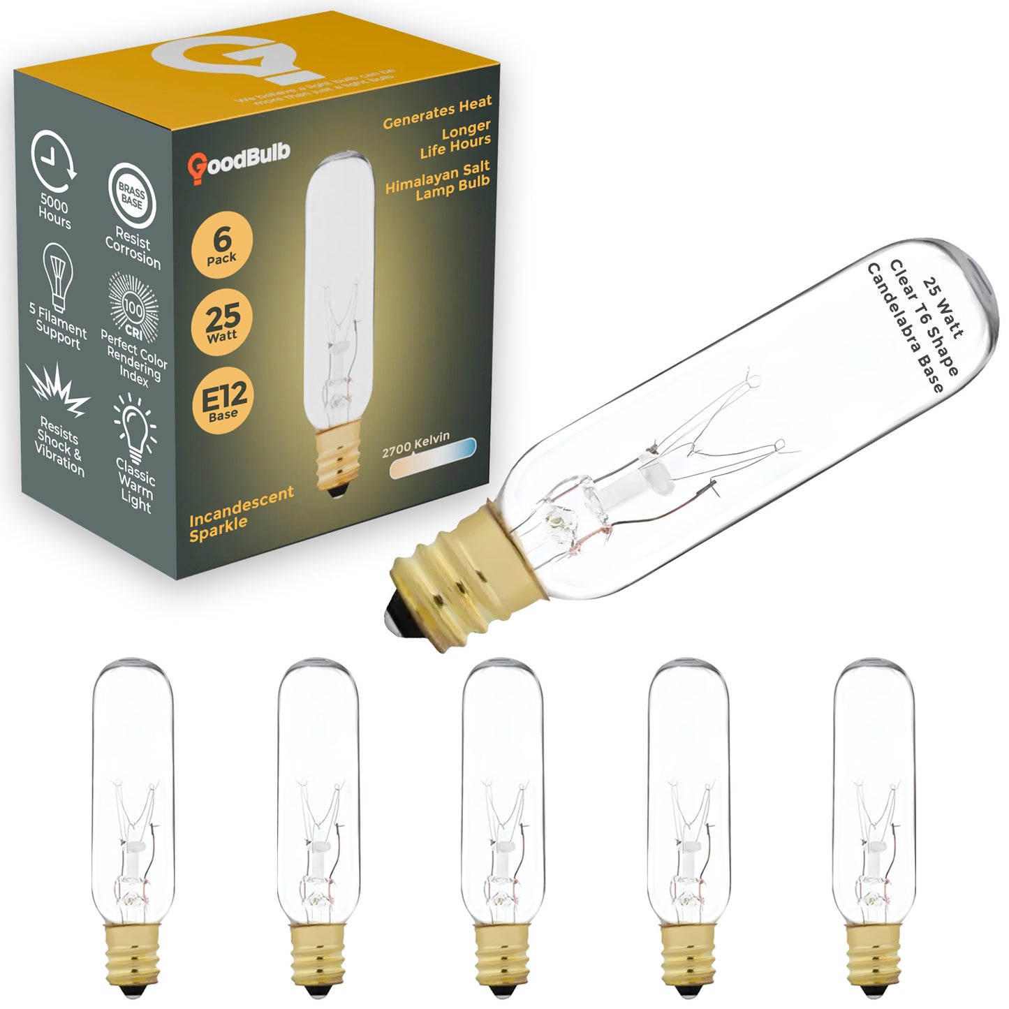 Side profile of GB25WT6E12CL6 25-watt slim T6 clear incandescent bulb with E12 base