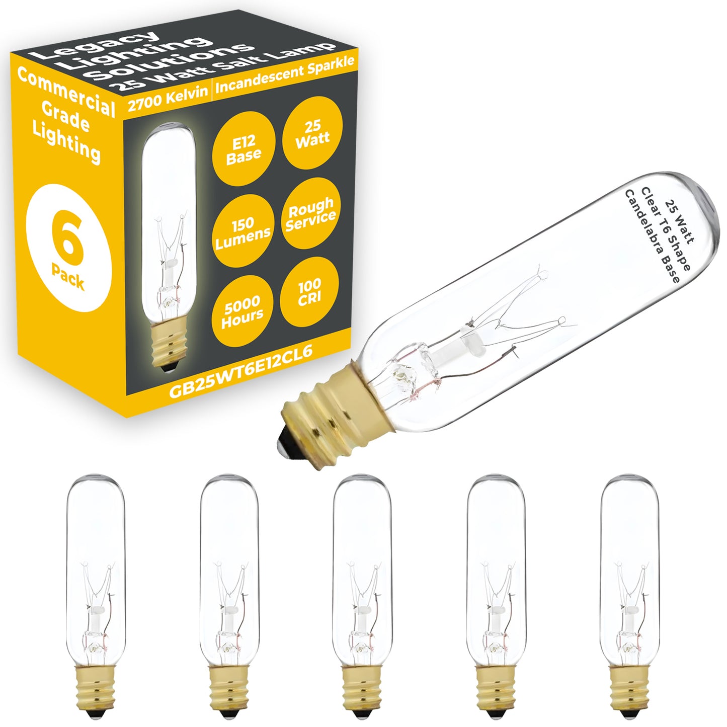 Side profile of GB25WT6E12CL6 25-watt slim T6 clear incandescent bulb with E12 base