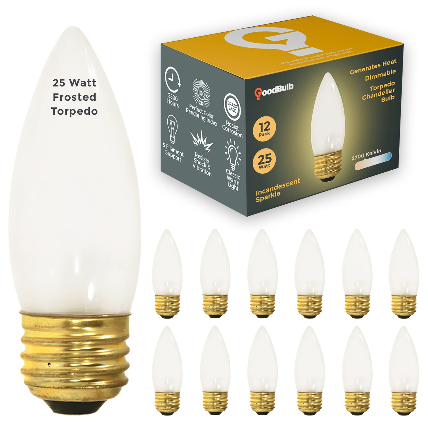 Incandescent Chandelier Light Bulb - 25 Watts 350 Lumens - Frosted Torpedo Shape - 2700 Kelvin - 2500 Life Hours - 120 Volts - E26 Brass Base