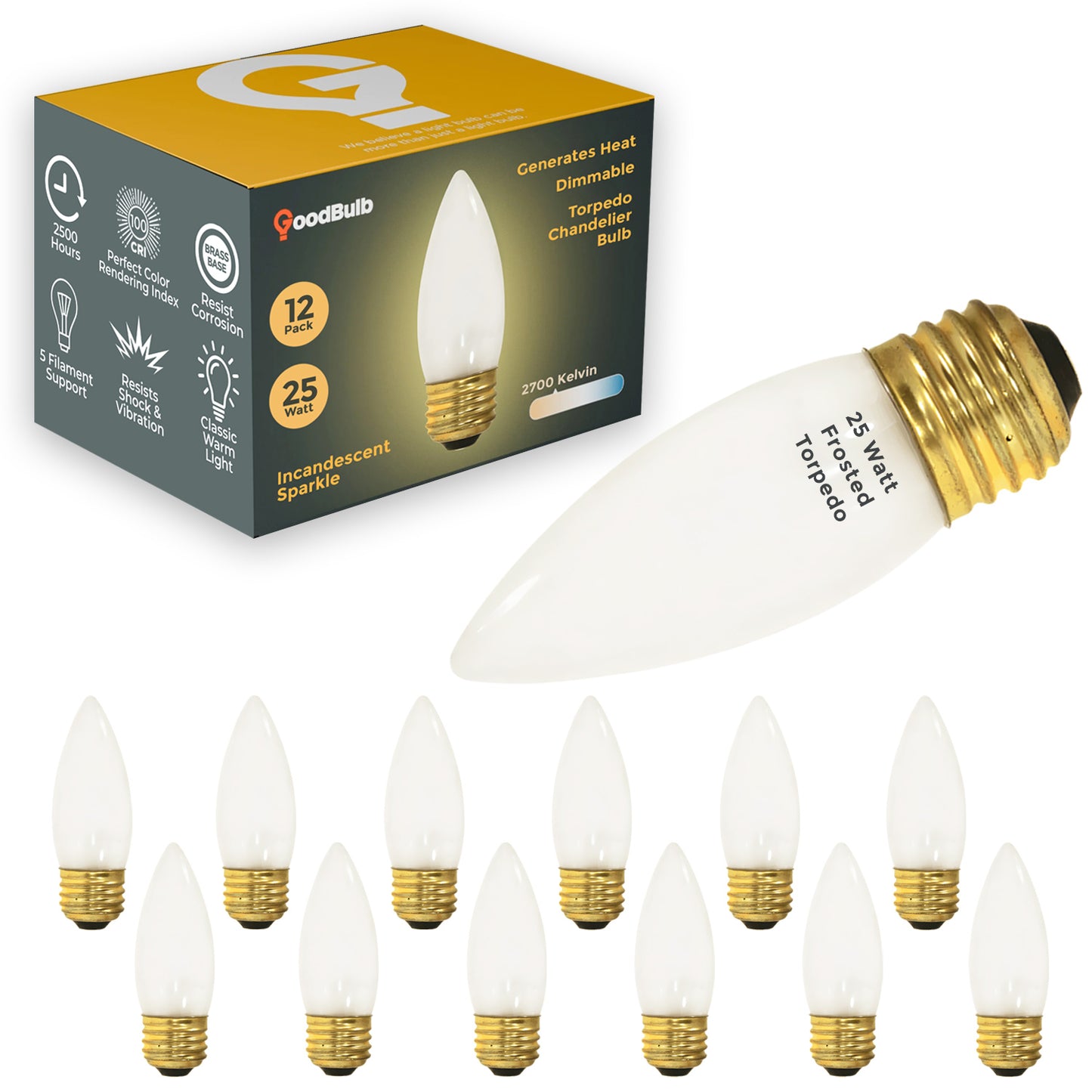 Side view of GB25ETF12 25W classic frosted incandescent bulb with medium E26 screw base