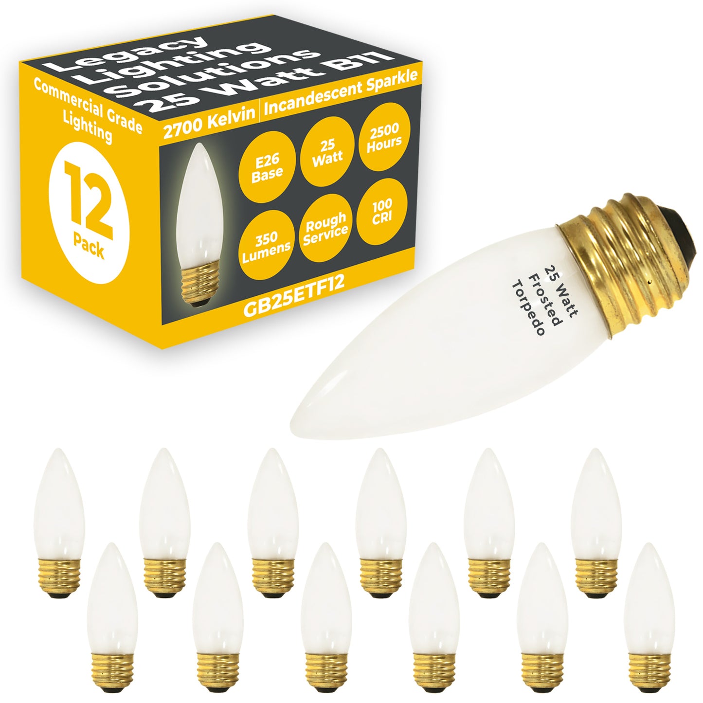 Side view of GB25ETF12 25W classic frosted incandescent bulb with medium E26 screw base