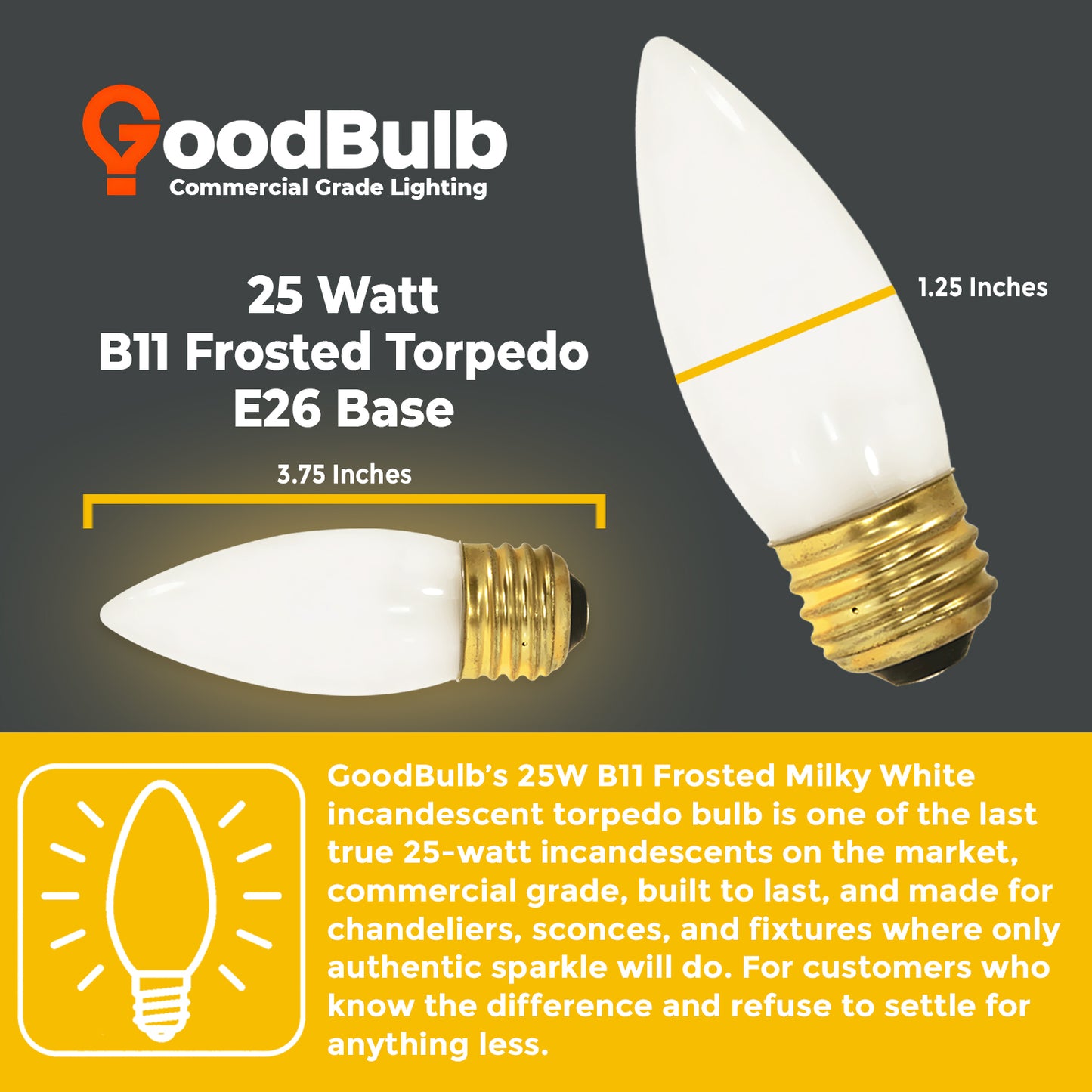 Dimensions of GB25ETF12 Classic Frosted Bulb – Standard A-shape, medium E26 base
