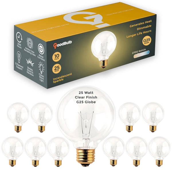 Incandescent Vanity Light Bulb - 25 Watts - G25 Globe - 150 Lumens