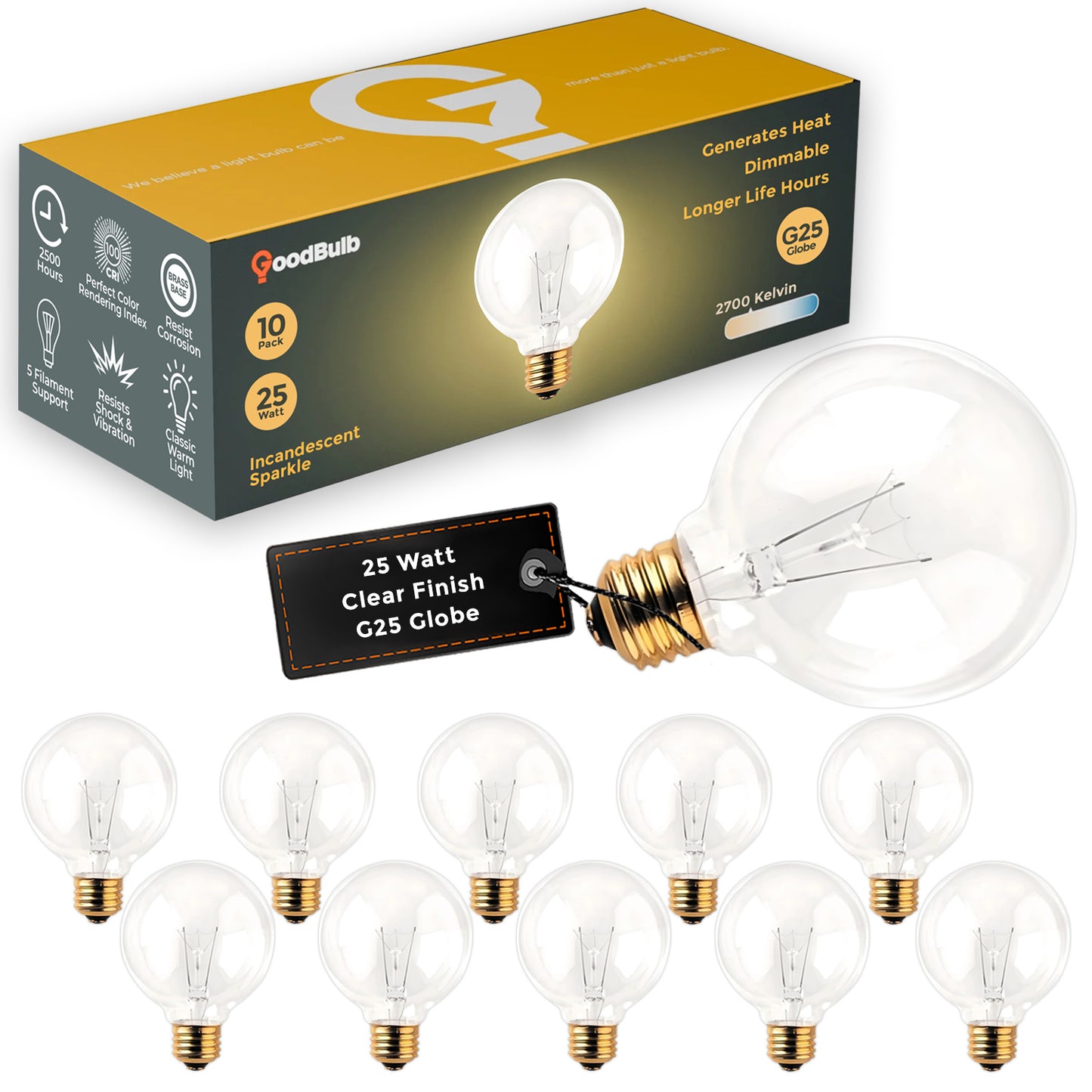 Side view of GB25G25E26C10 clear G25 globe-shaped 25W incandescent light bulb with E26 screw base