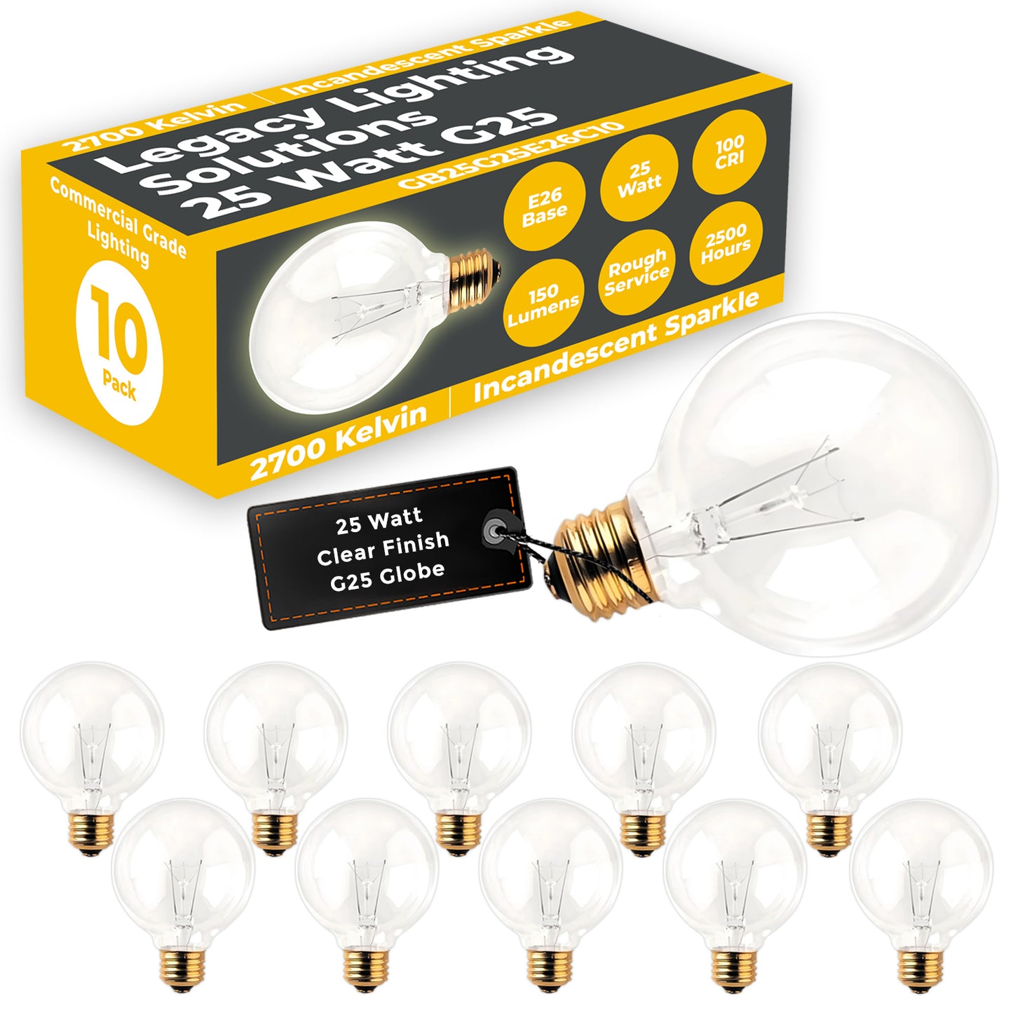 Side view of GB25G25E26C10 clear G25 globe-shaped 25W incandescent light bulb with E26 screw base