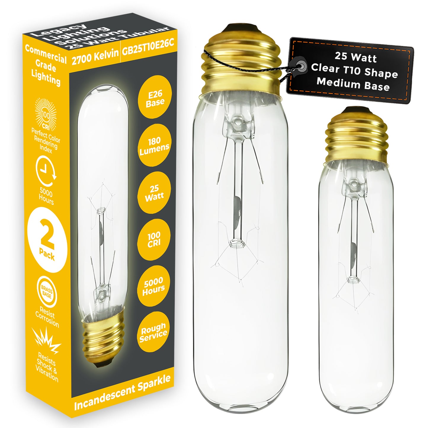 25T10/CL/E26 - 25 Watt - Clear T10 Tubular Incandescent - E26 Brass Base - 120 Volt - 5000 Hours