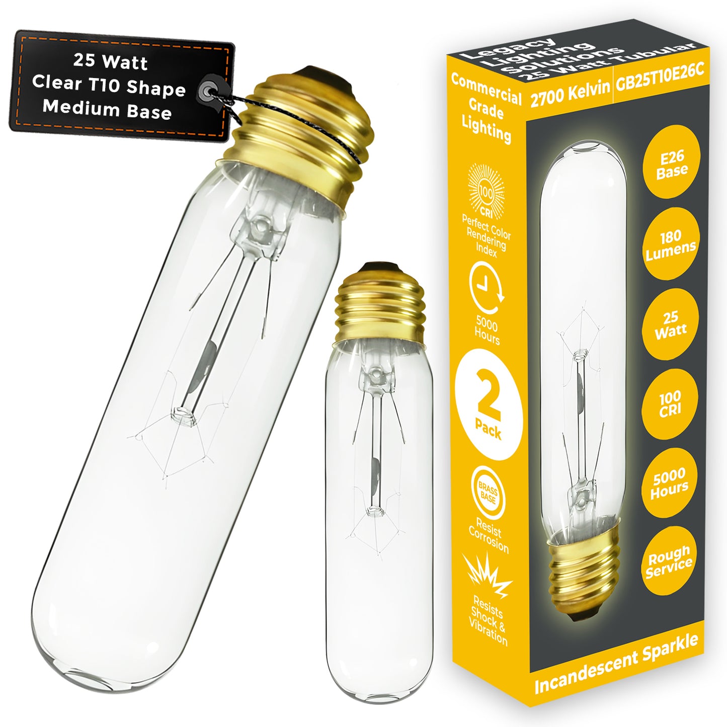 Side view of GB25T10E26C 25-watt clear T10 tubular incandescent light bulb