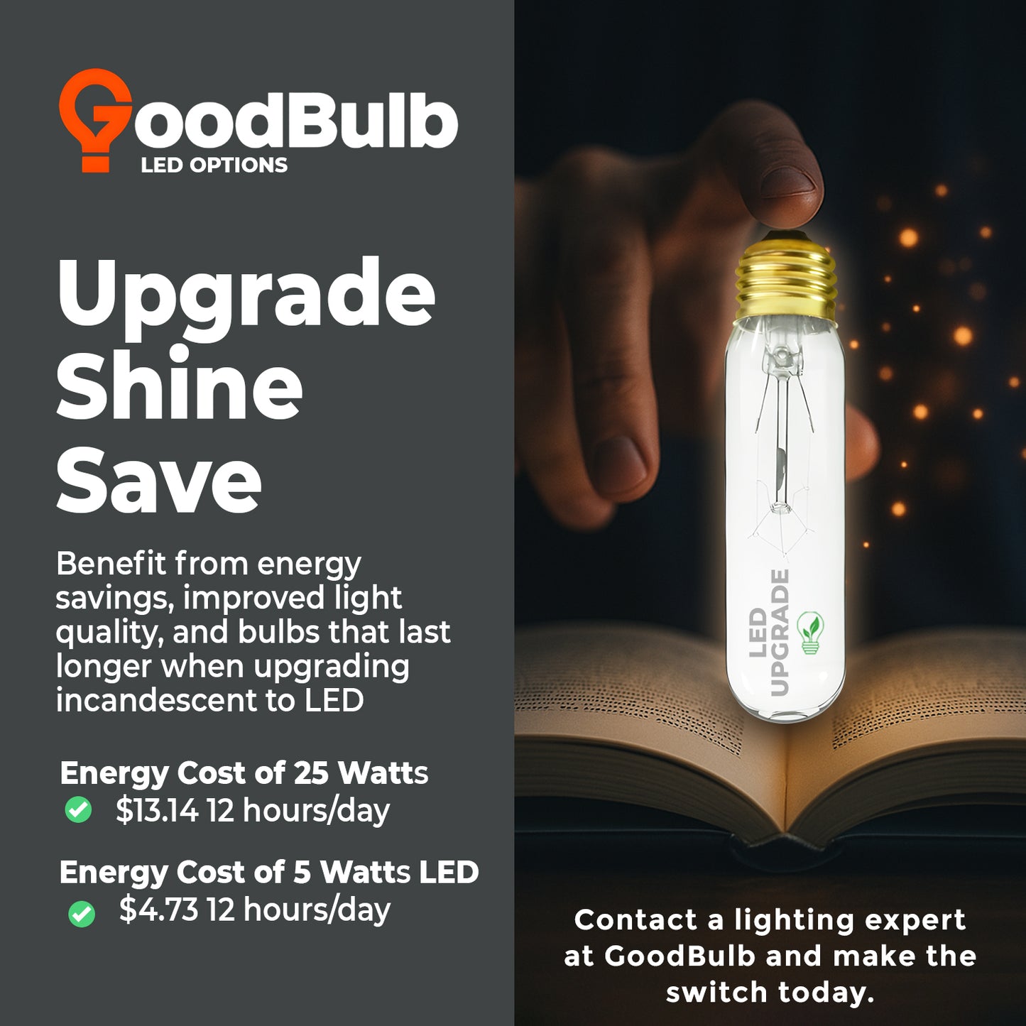 Cost savings comparison – GB25T10E26C T10 incandescent bulb vs LED upgrade