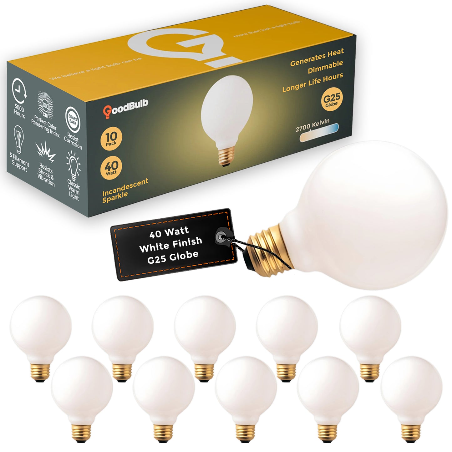 Side view of GB40WG25E26WH10 40W white globe G25 incandescent vanity light bulb with medium E26 screw base