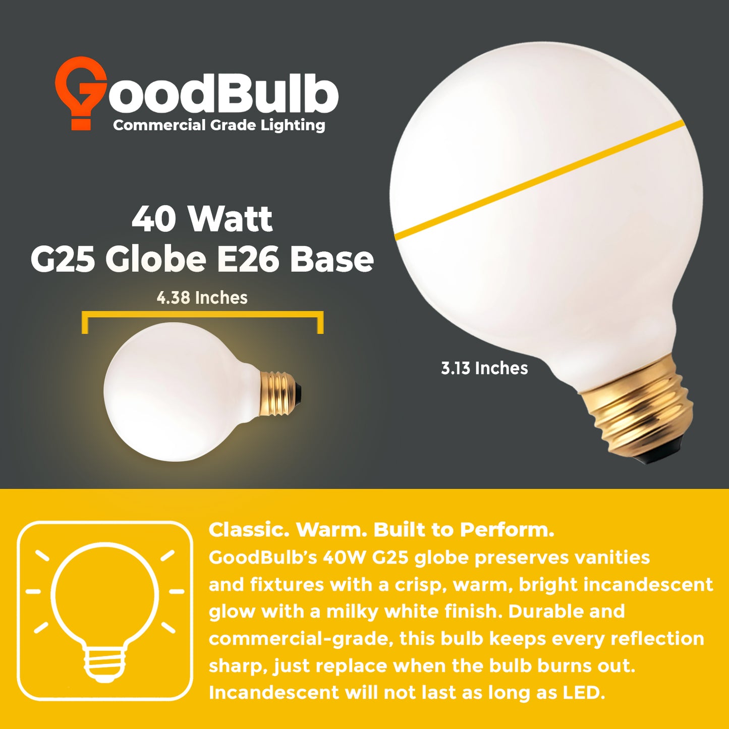 Dimensions of GB40WG25E26WH10 G25 Vanity Bulb – 3.15 inch diameter, medium E26 base