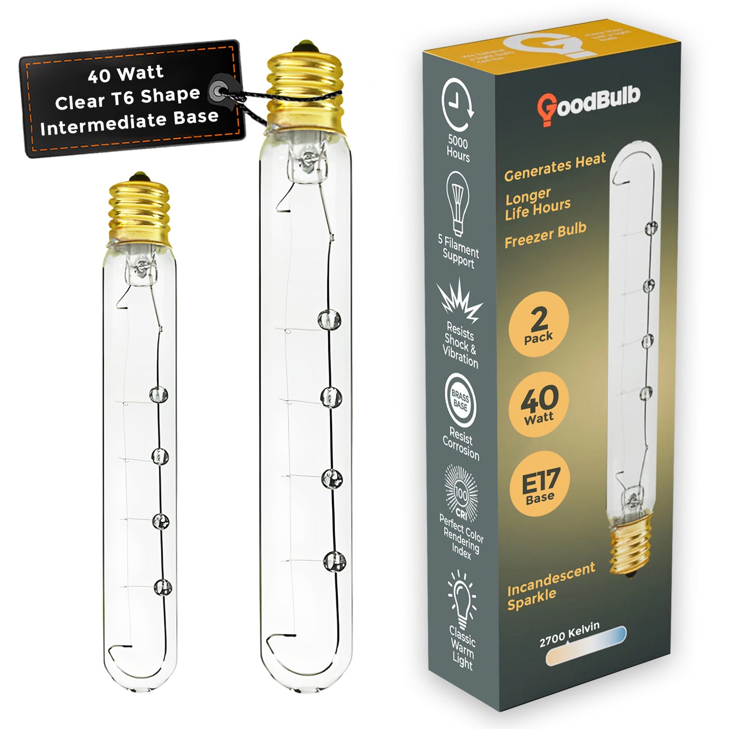 Incandescent Freezer Light Bulb - 40 Watts - T6 Tubular - 240 Lumens - 5000 Life Hours - 130 Volts - E17 Brass Intermediate Base - Clear Finish