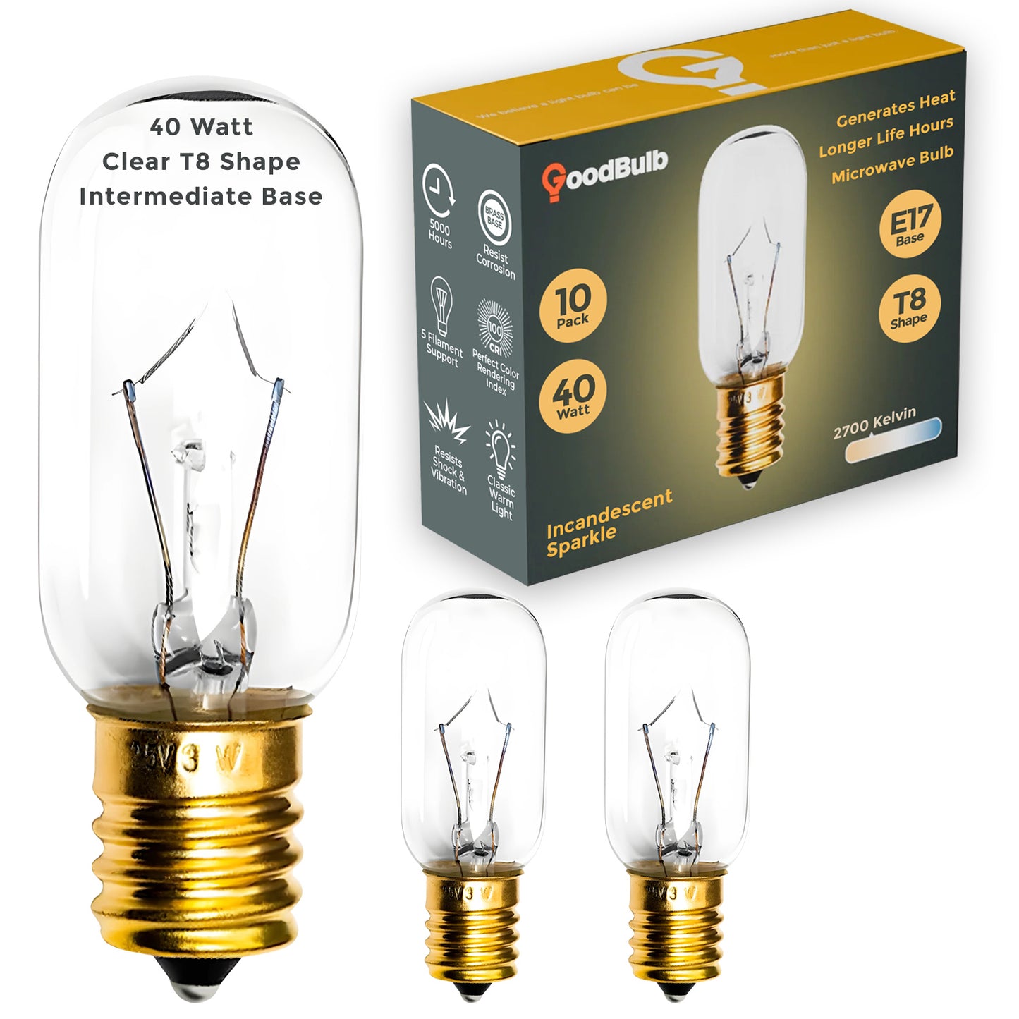 Incandescent Microwave Light Bulb -40 Watts - T8 Tubular - 220 Lumens - 5000 Life Hours - 130 Volts - E17 Brass Intermediate Base - Clear Finish