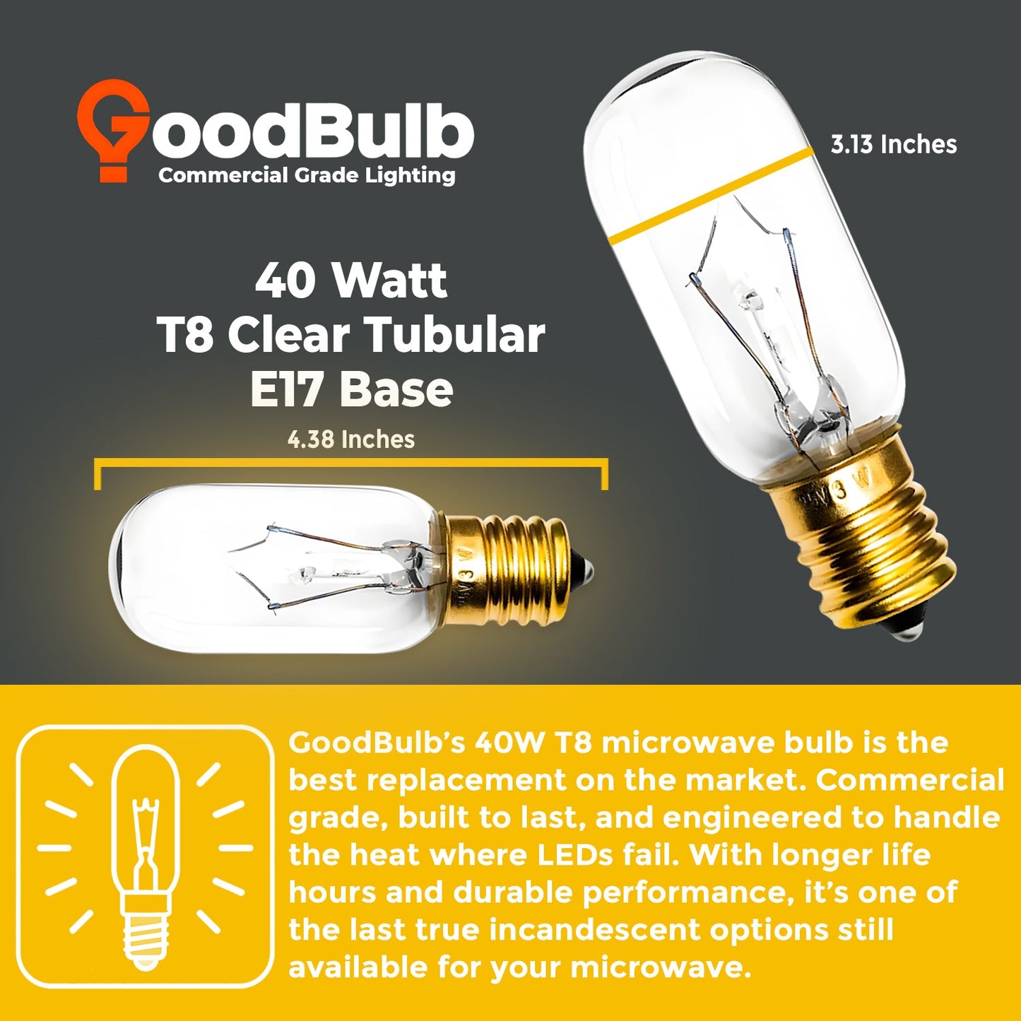 T8*65 E17 40W 130V Clear Microwave Appliance Bulb – Warm White 2700K, Intermediate Brass Base, Dimmable