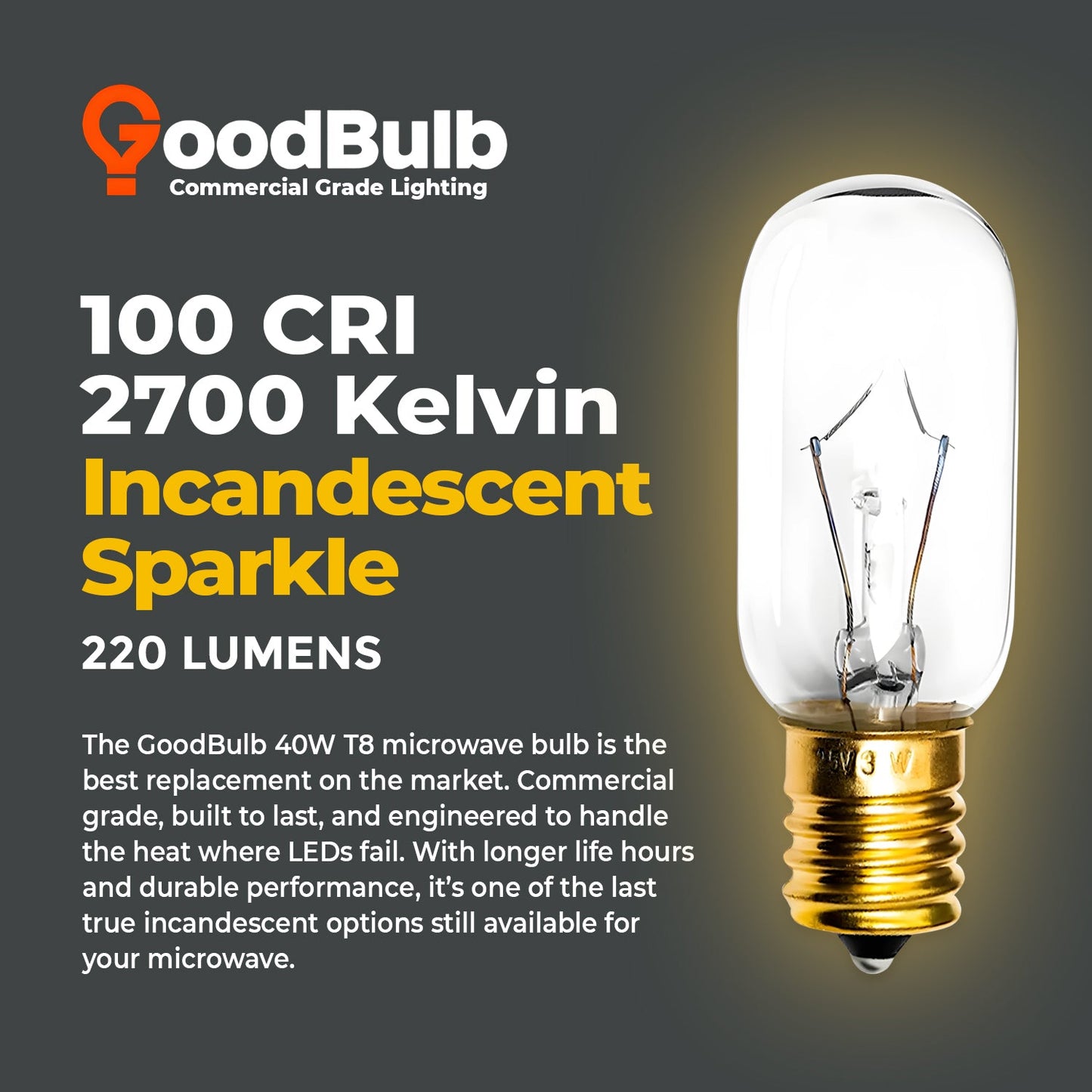T8*65 E17 40W 130V Clear Microwave Appliance Bulb – Warm White 2700K, Intermediate Brass Base, Dimmable