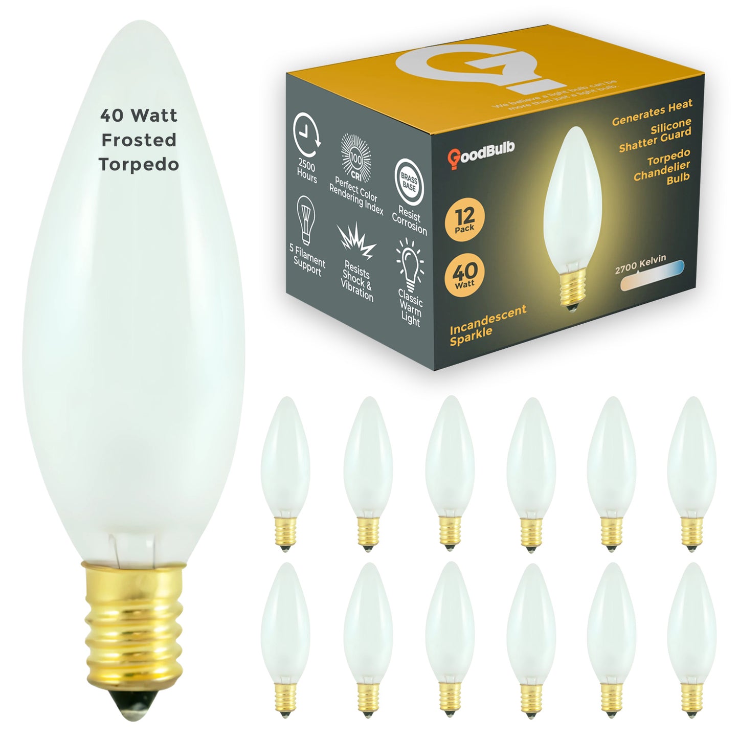 Incandescent Chandelier Light Bulb - 40 Watts 550 Lumens - Frosted Torpedo Shape - 2700 Kelvin - 2500 Life Hours - 120 Volts - E12 Brass Base