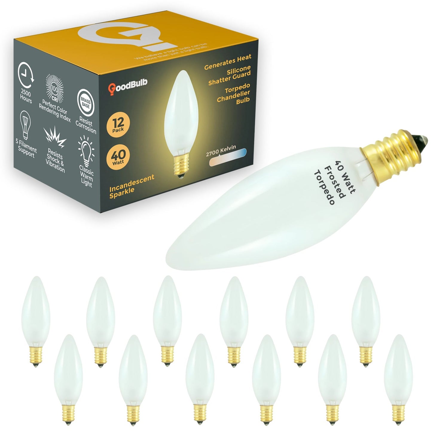 C32 E12 Brass Base 40-Watt Frosted Torpedo Lamp – Warm White 2700K High-CRI Decorative Illumination for Signature Ambiance