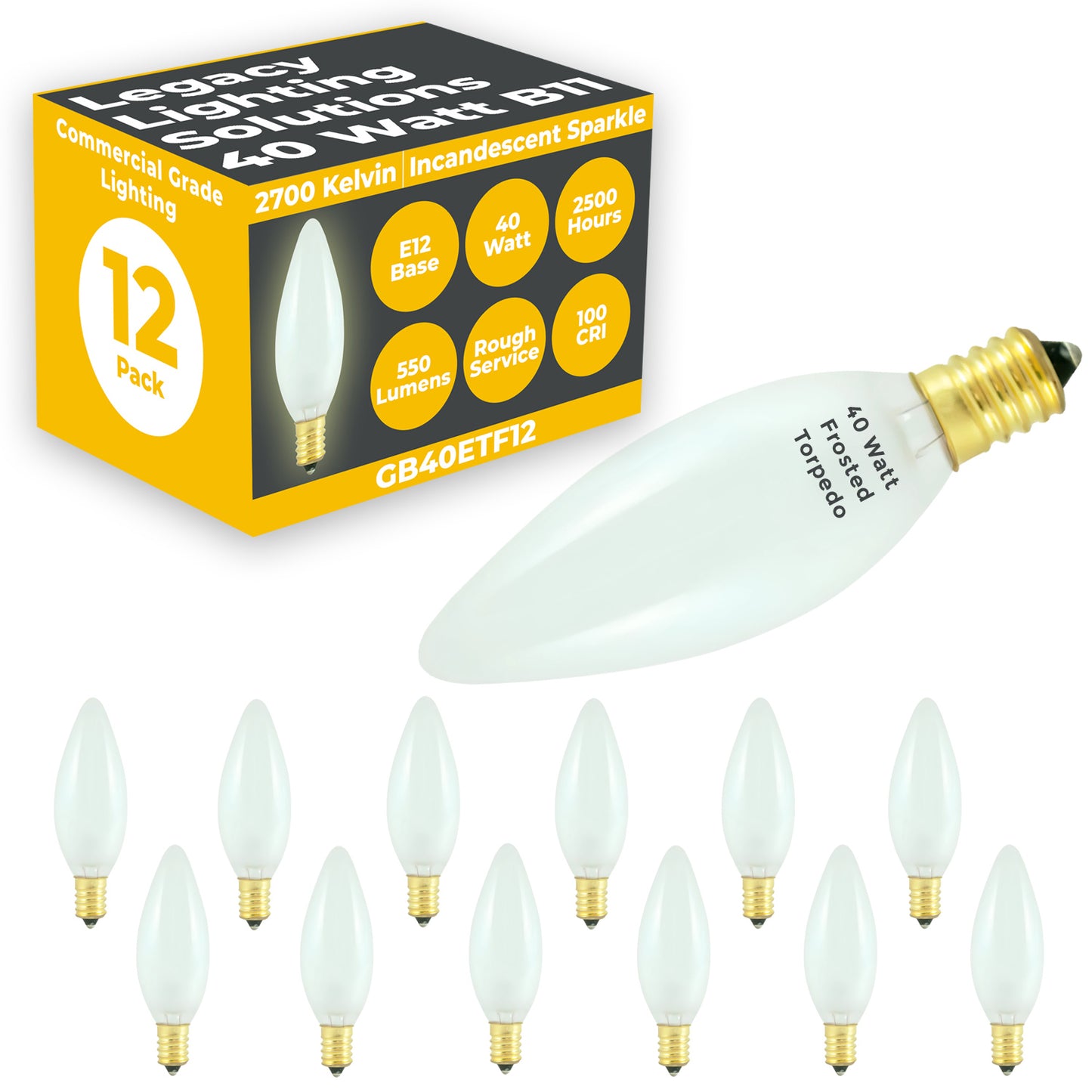 Side view of GB40ETF12 40W classic frosted incandescent bulb with medium E26 screw base