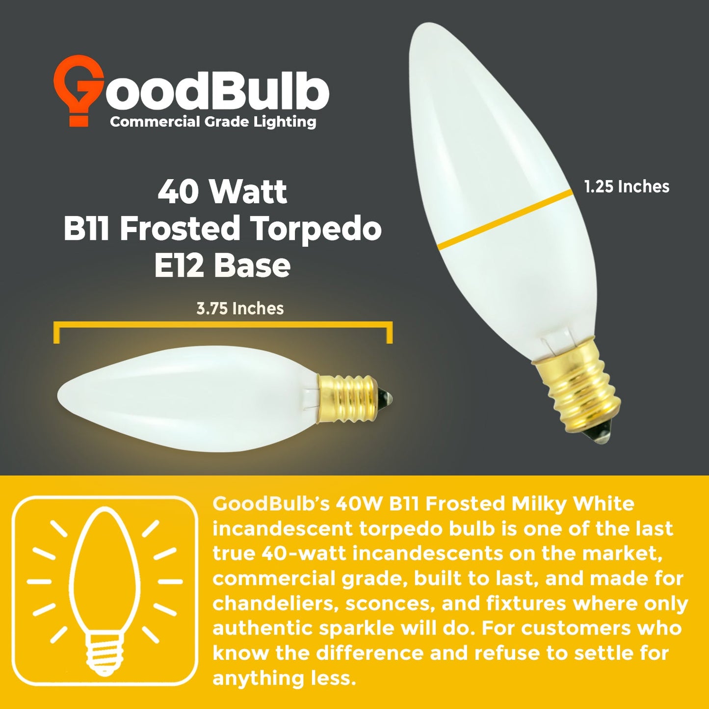 C32 E12 Brass Base 40-Watt Frosted Torpedo Lamp – Warm White 2700K High-CRI Decorative Illumination for Signature Ambiance