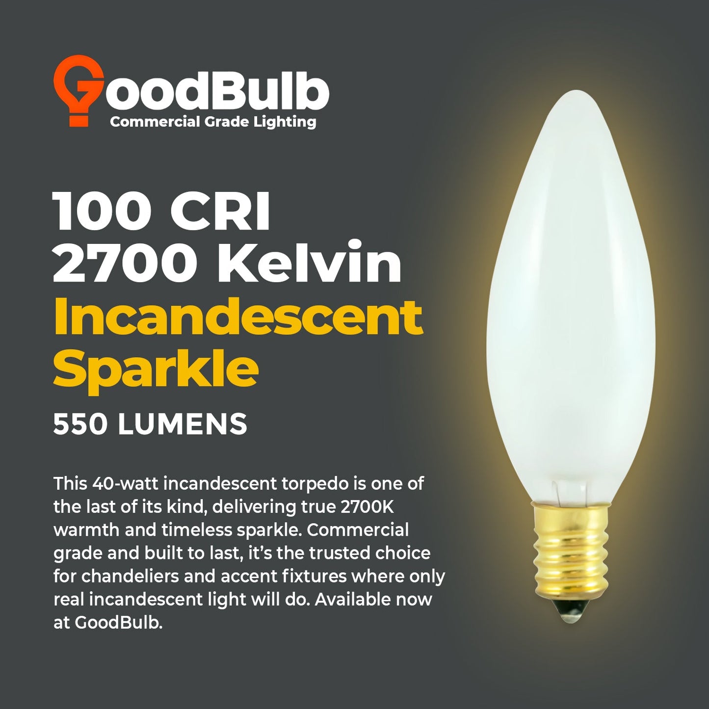 C32 E12 Brass Base 40-Watt Frosted Torpedo Lamp – Warm White 2700K High-CRI Decorative Illumination for Signature Ambiance