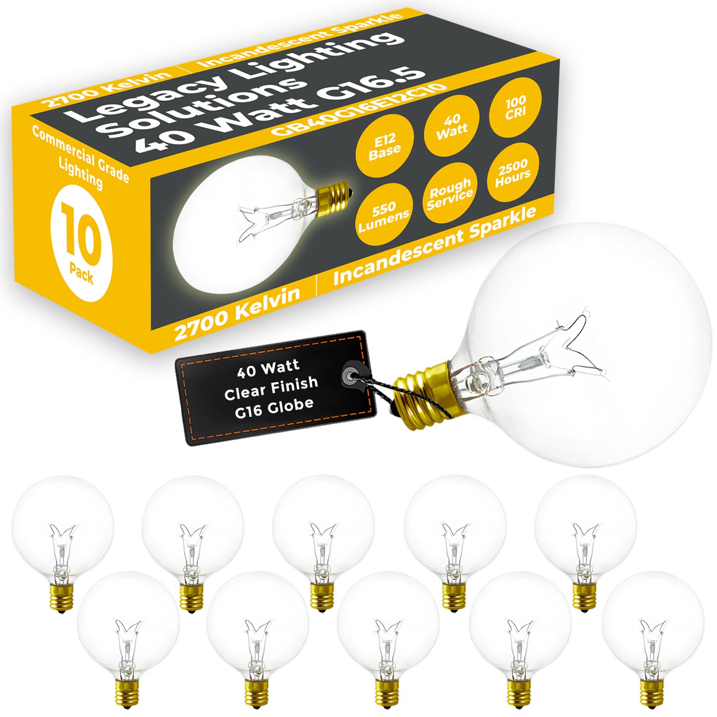 Side view of GB40G16E12C10 G16.5 LED filament bulb with clear glass and decorative E12 base