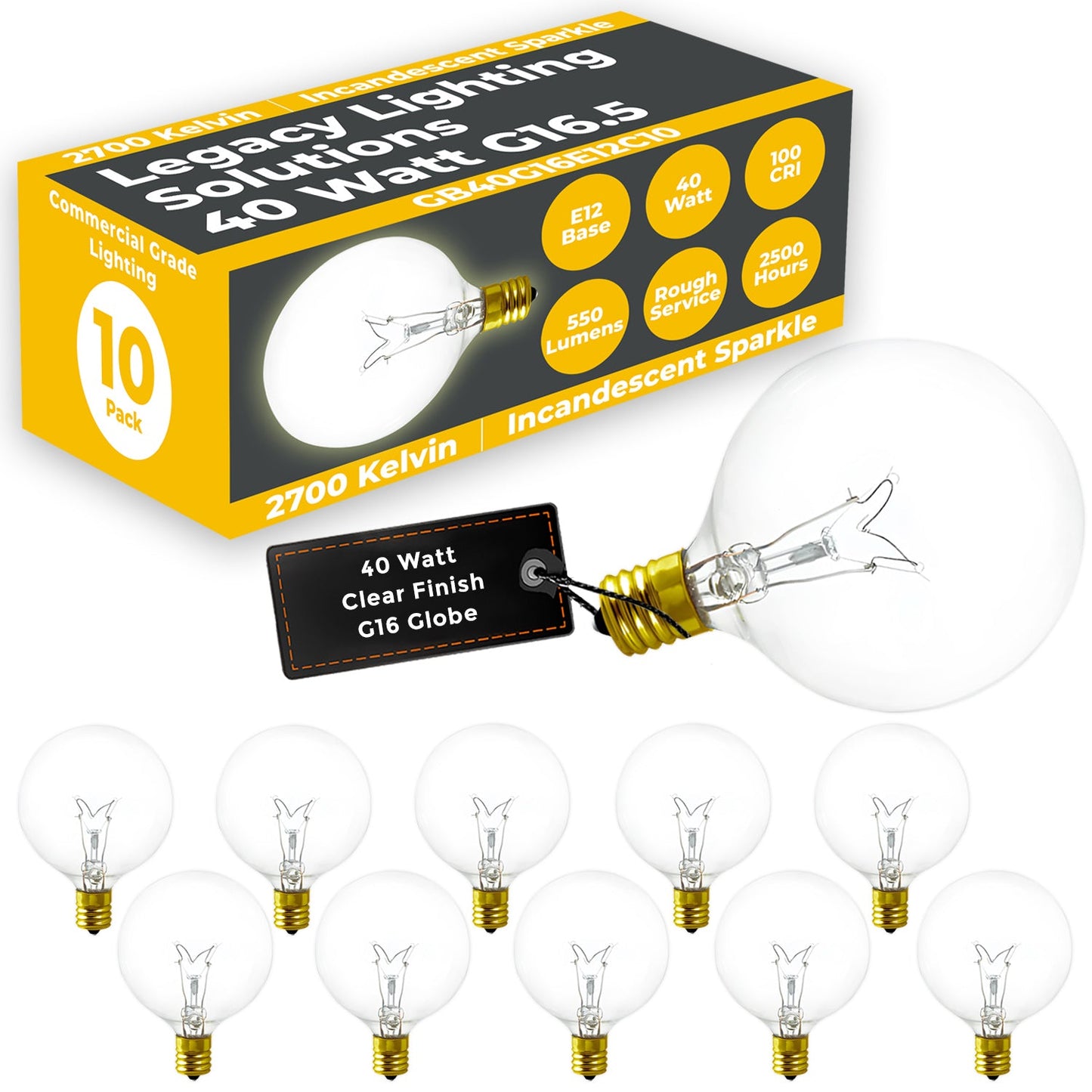 Incandescent Decorative Light Bulb - 40 Watts - G16.5 Globe - 550 Lumens - 2500 Life Hours - 120 Volts - E12 Brass Base - Clear Finish