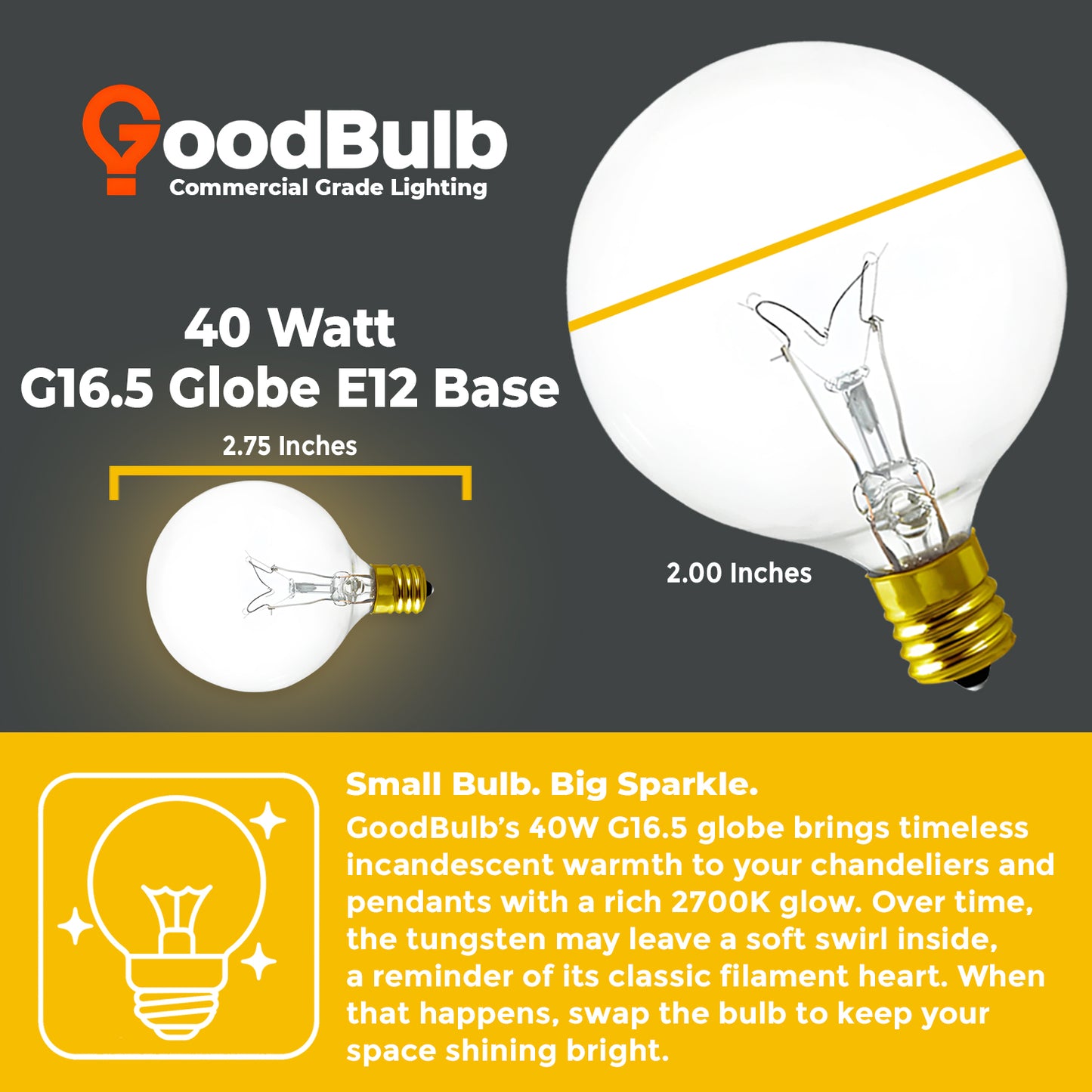 GB40G16E12C10 G16.5 LED filament bulb dimensions – Compact decorative globe with E12 base