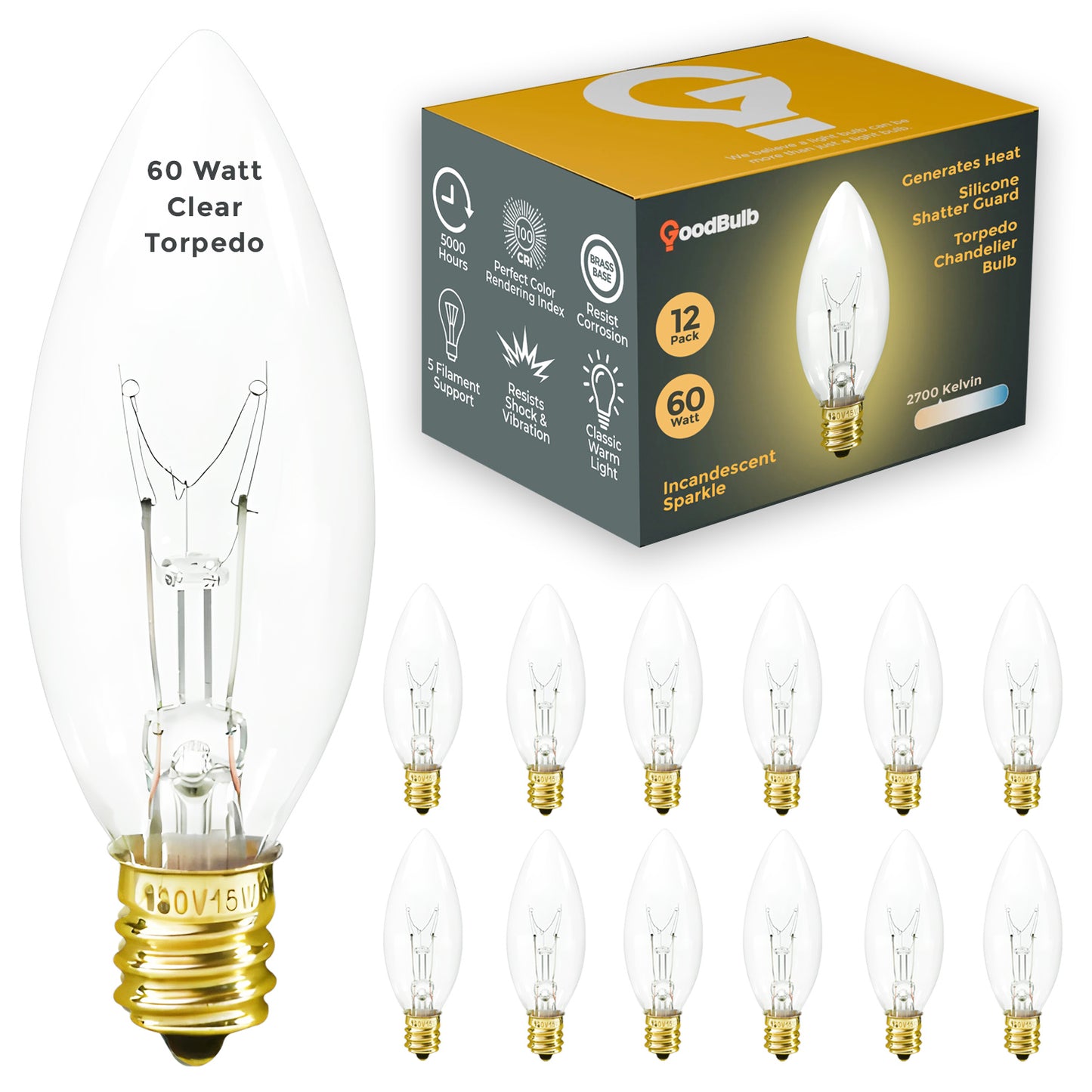 Incandescent Chandelier Light Bulb - 60 Watts 480 Lumens - Clear Torpedo Shape - 5000 Life Hours - 120 Volts - E12 Brass Base - Silicone Shatter Guard Finish