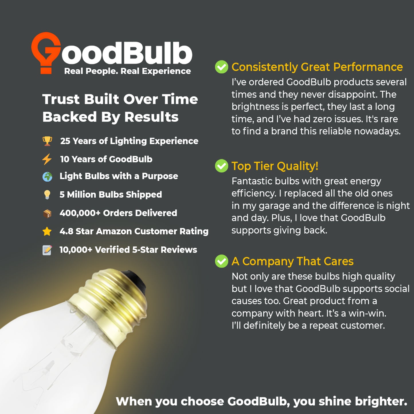 User testimonial highlighting quality and brightness of GB60WE26BTSG12 frosted chandelier bulb