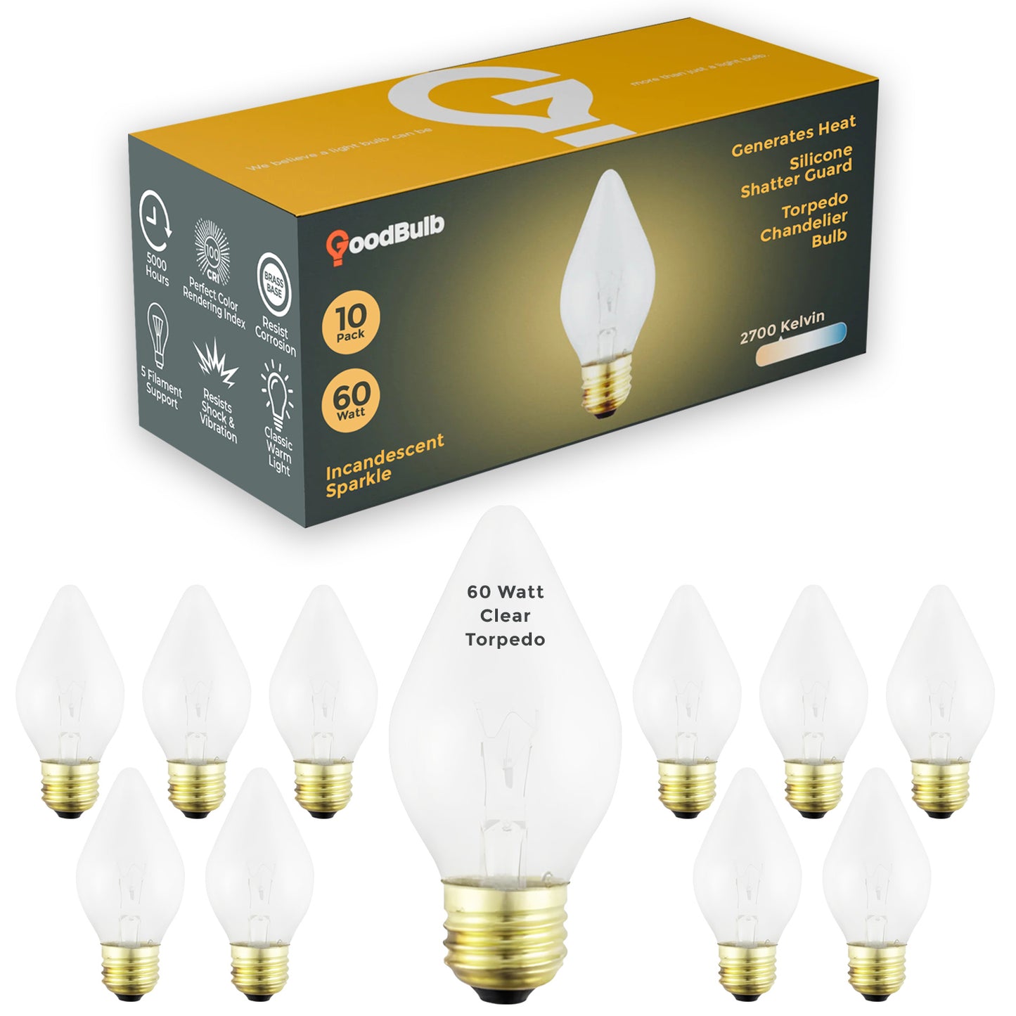 Incandescent Chandelier Light Bulb - 60 Watts 480 Lumens - Clear Torpedo Shape - 5000 Life Hours - 120 Volts - E26 Brass Base - Silicone Shatter Guard Finish