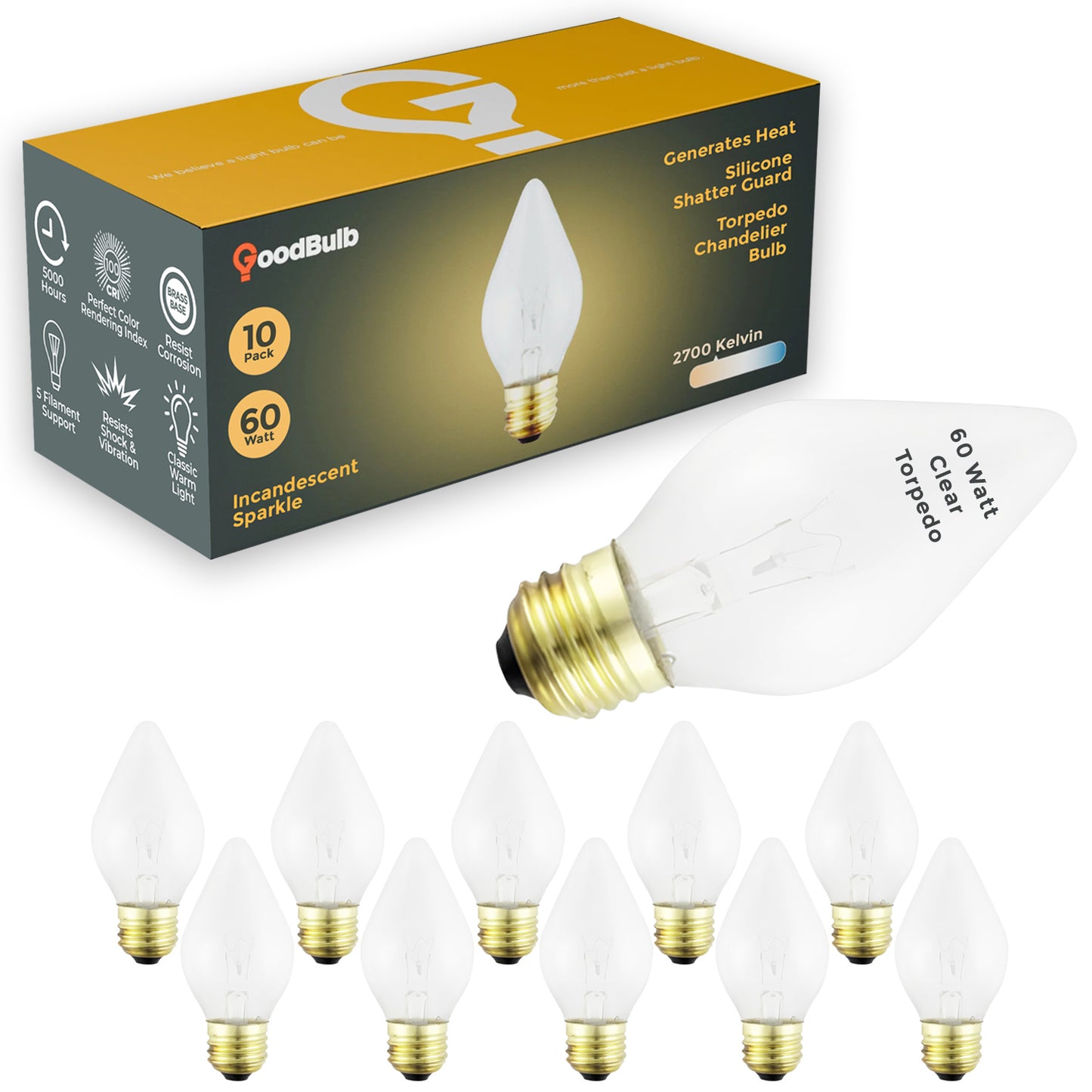 Side view of GB60WE26BTSG12 60W frosted torpedo chandelier bulb with medium E26 screw base
