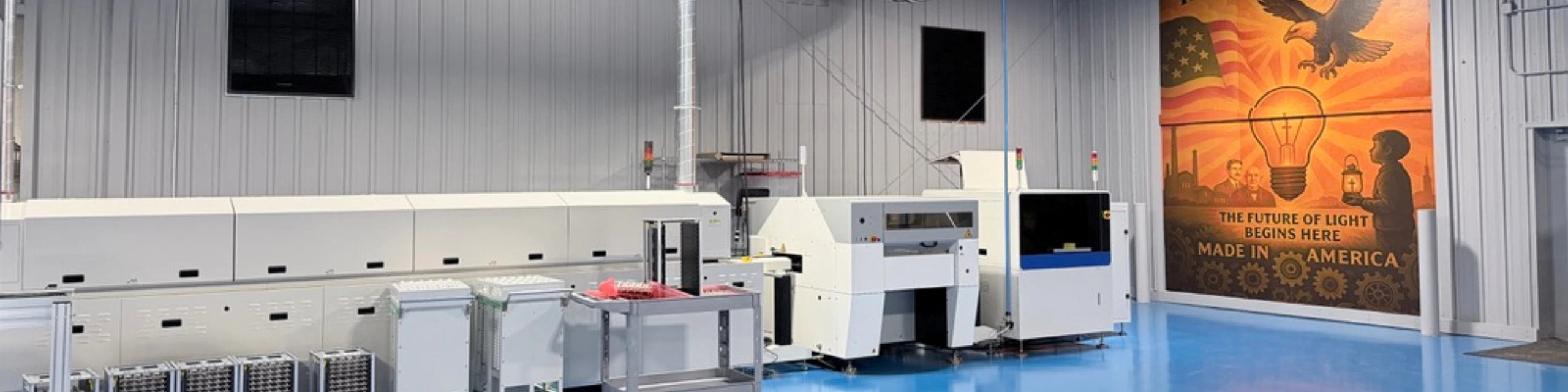 A large white industrial machine or printer in a clean factory setting with a blue floor, corrugated metal walls, and a colorful 'Made in America' poster on the right.
