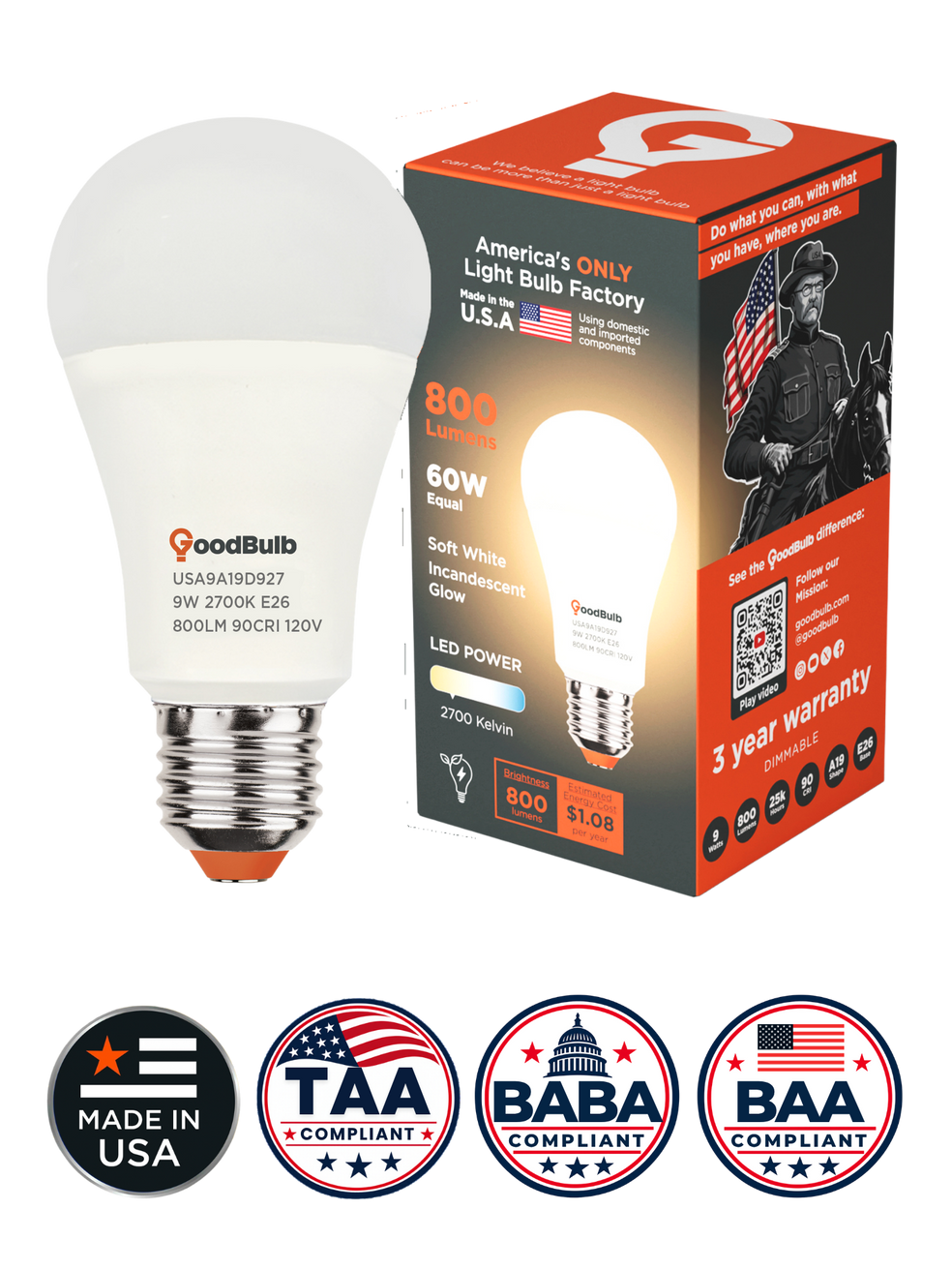 GoodBulb Made in USA A19 LED bulb and retail box with TAA and BABA compliance marks
