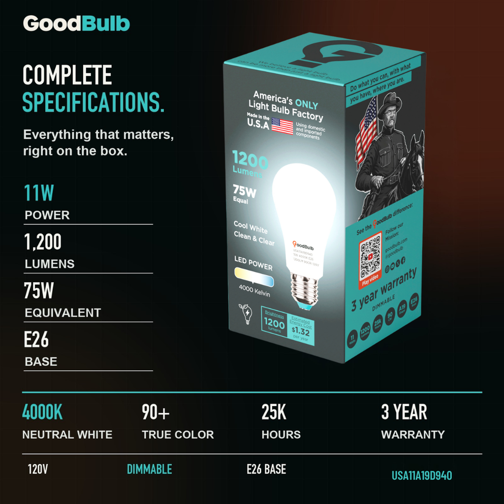 Made in America | 75W Equal | 1200 Lumens | LED A19 COOL WHITE 4000K Clean, Neutral White