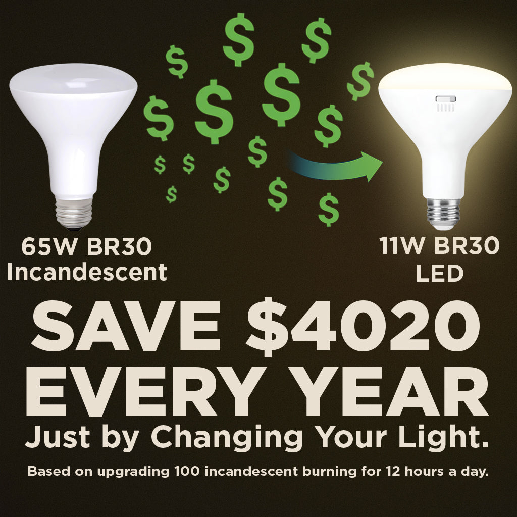 65w BR30 UPGRADE - 8 WATT DIMMABLE LED Reflector - 82 CRI - COLOR SELECT KELVIN SELECT - 700 LUMENS - 27,30,35,40,5000K - ROUGH SERVICE - 25,000 HOURS & 3 YEAR
