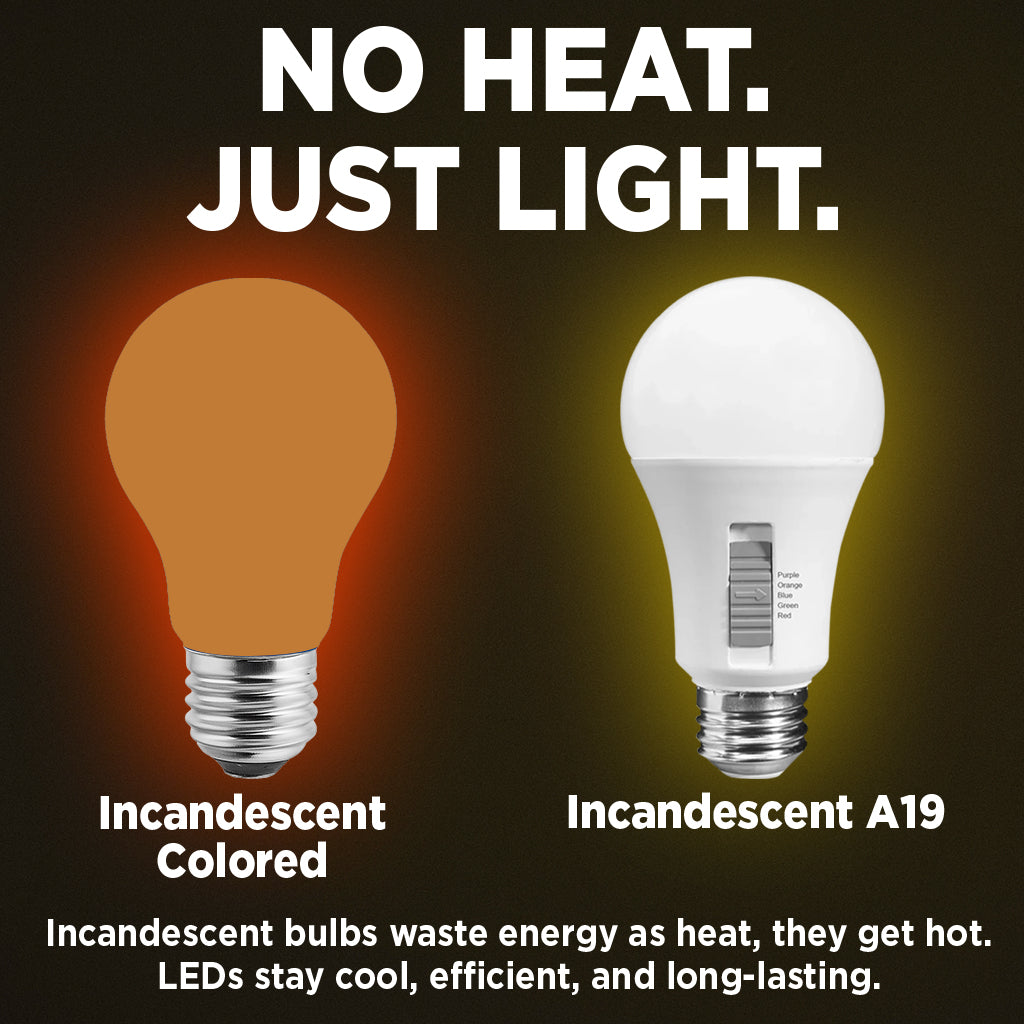 40 Watt EQUAL - 6 WATT A19 LED - E26 BASE - OPEN & ENCLOSED RATED - COLOR SELECT - Purple - Orange - Blue - Green - Red