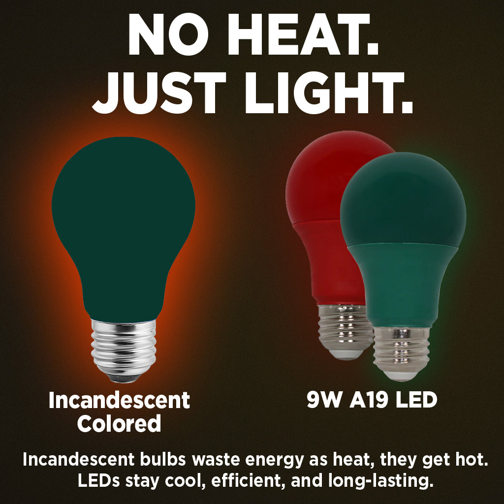 60 Watt EQUAL - 9 WATT A19 LED - E26 MEDIUM BASE - Open & Enclosed Rated - Xmas 2 Pack - (1) GREEN  (1) RED
